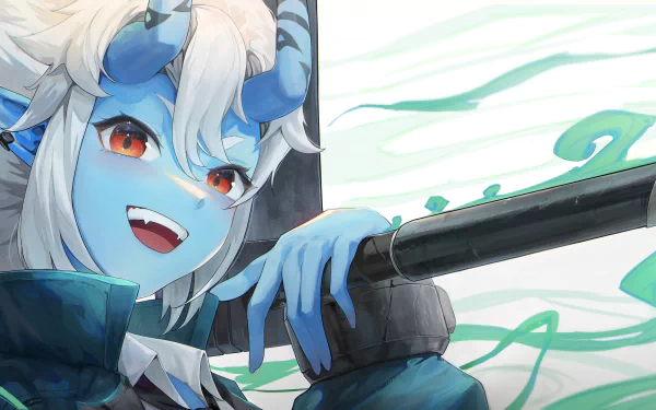 Soukaku from Zenless Zone Zero, featured in a 4K Ultra HD PC desktop wallpaper, showcasing the character's detailed blue skin and striking red eyes.