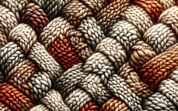HD desktop wallpaper featuring a detailed knit pattern with interlocking strands in shades of white, beige, and red.