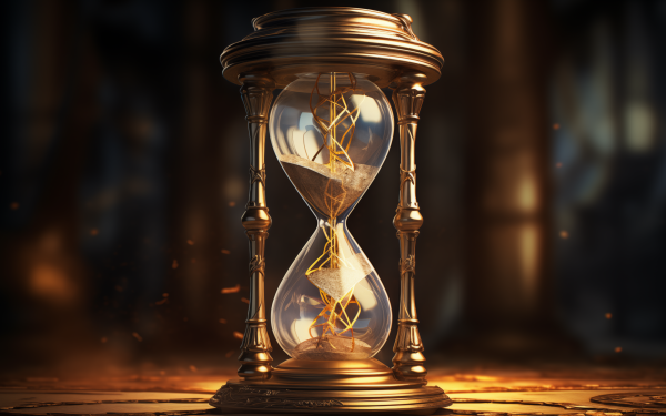 HD wallpaper of an intricately designed hourglass with glowing sand against a warm, ambient background.