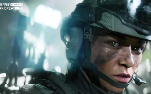 HD desktop wallpaper featuring a close-up of a soldier from the video game Battlefield 2042, set against a blurred technological background.