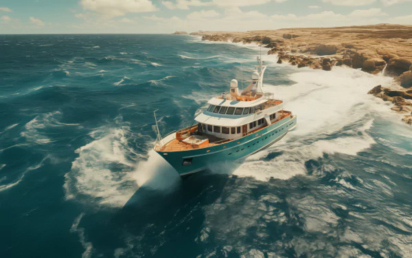 Luxury yacht cruising near rocky coast with waves, HD desktop wallpaper and background.