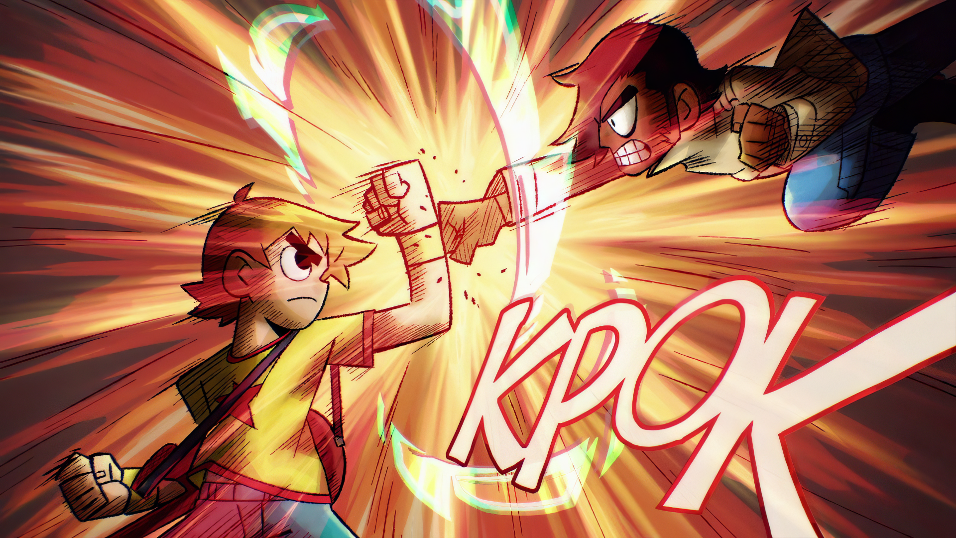Scott Pilgrim cartoon-style HD desktop wallpaper featuring dynamic battle scene with a high-impact 'KPOW' effect, perfect for Scott Pilgrim fans.