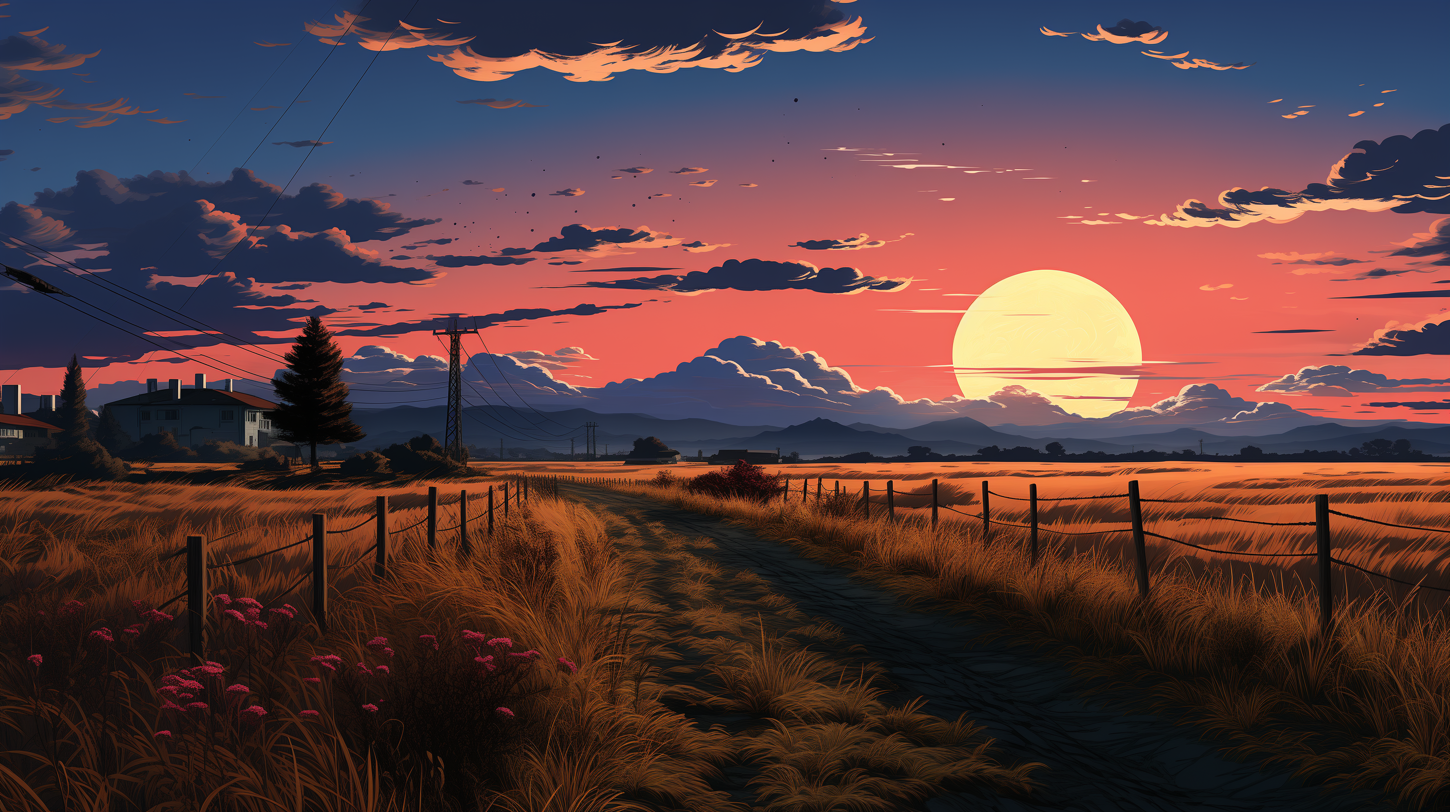 HD desktop wallpaper of a picturesque countryside landscape at sunset with expansive sky and vivid colors.
