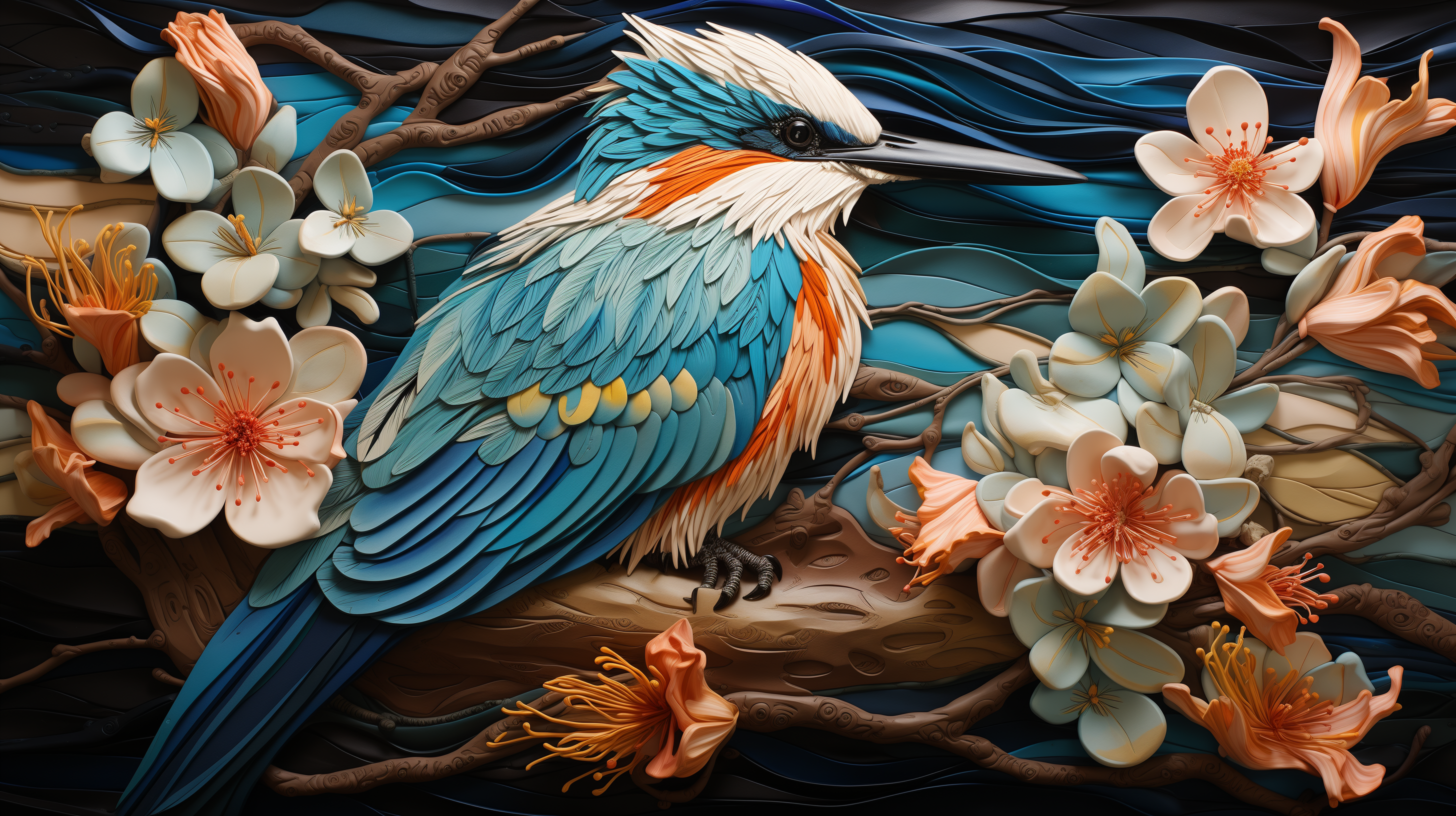 HD Desktop Wallpaper of a Colorful Kingfisher Surrounded by Blossoms.