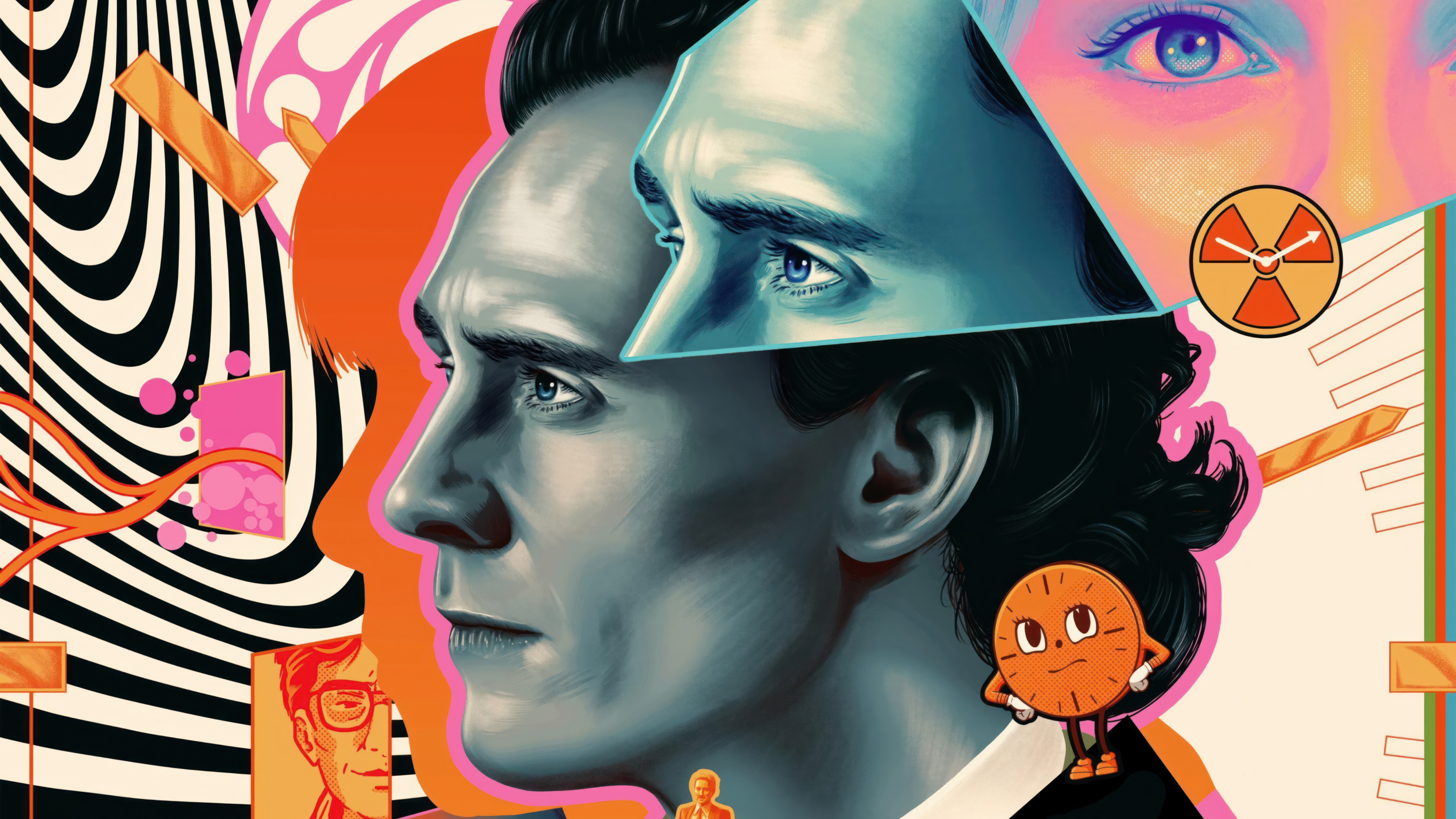 HD desktop wallpaper featuring a stylized illustration of the Marvel character Loki, portrayed by Tom Hiddleston, with vibrant pop art elements and symbols related to the character's storyline.