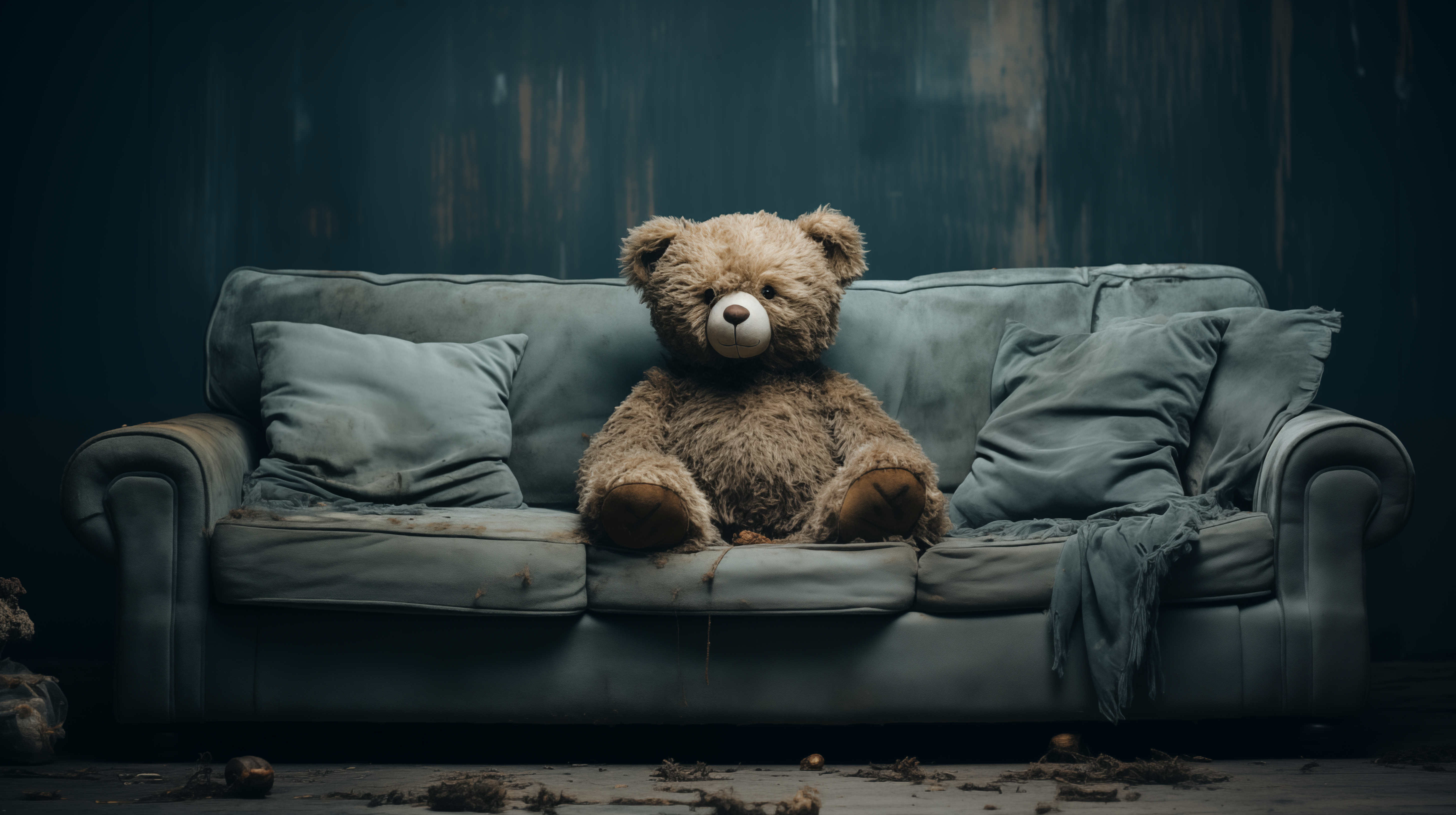 Lonely teddy bear sitting on an old couch against a dark background, HD stuffed animal desktop wallpaper and background.