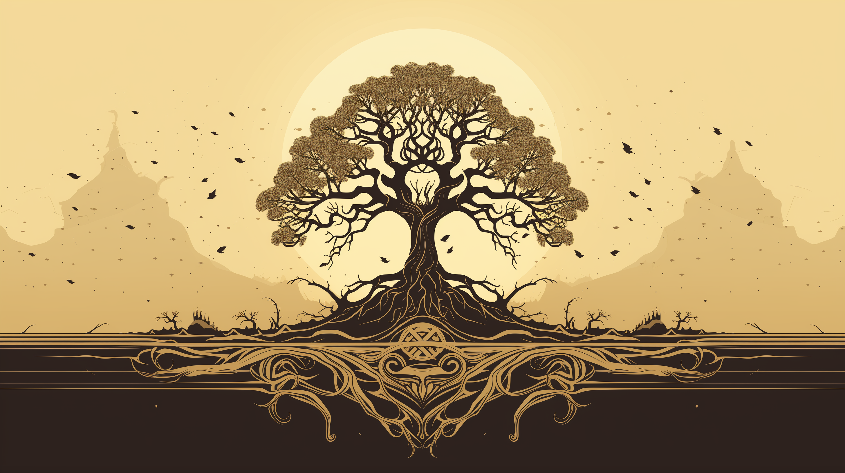 HD desktop wallpaper featuring the mythical Yggdrasil tree with a golden sun backdrop and intricate Norse patterns.