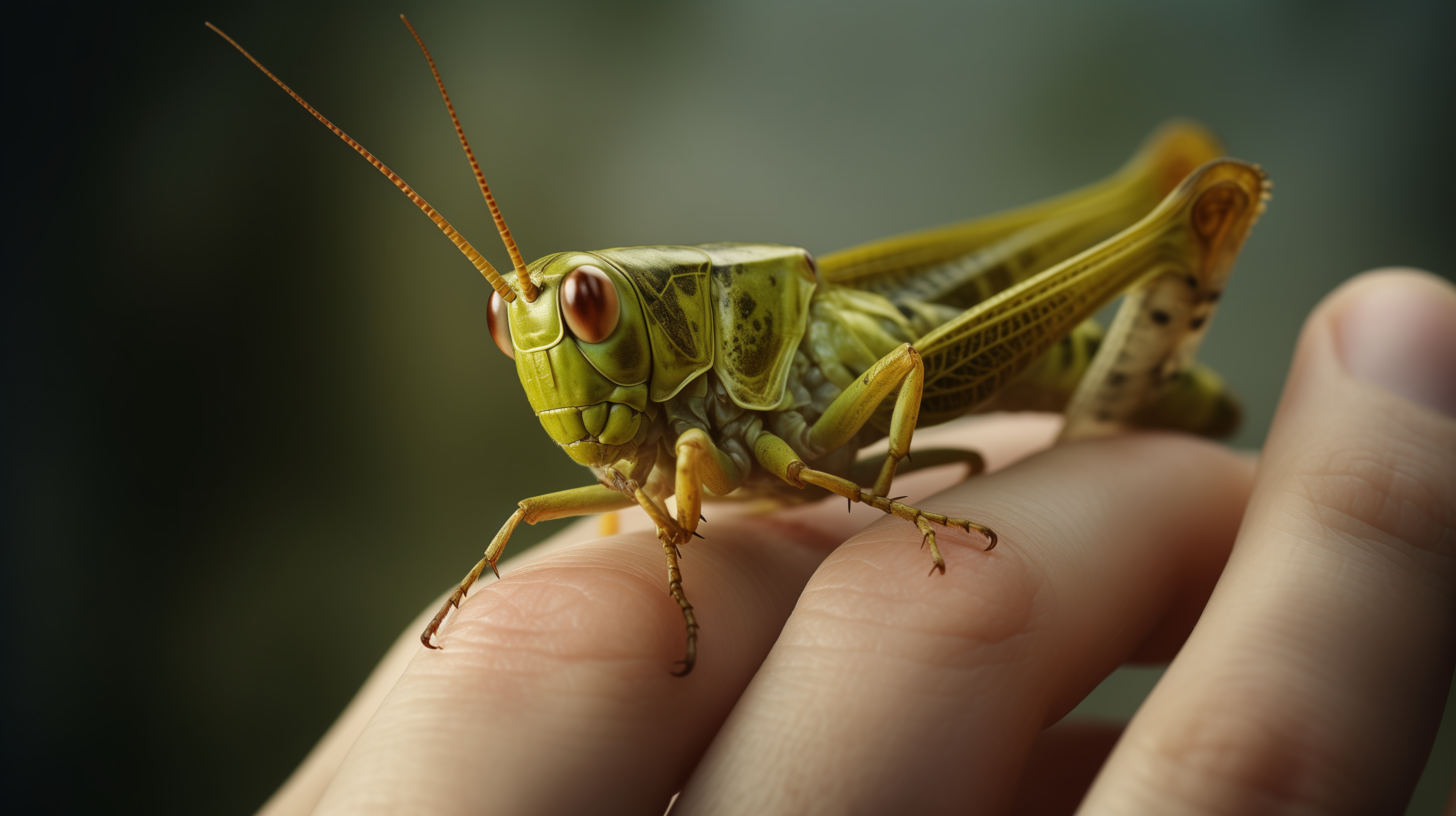 HD wallpaper of a detailed grasshopper perched on human fingers, showcasing its vibrant green texture against a soft-focus background.
