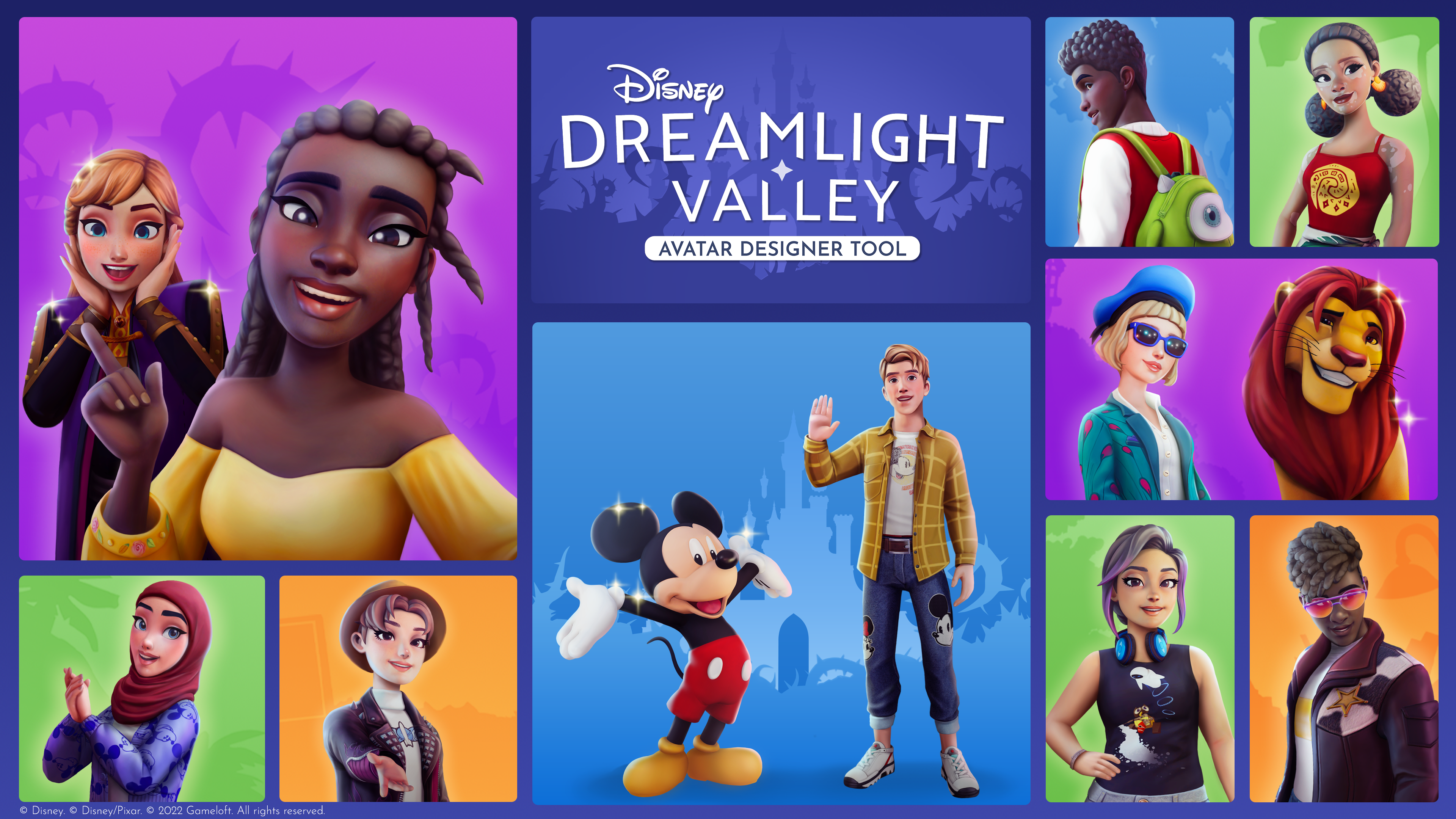 Disney Dreamlight Valley HD desktop wallpaper featuring colorful avatars from the Avatar Designer Tool.