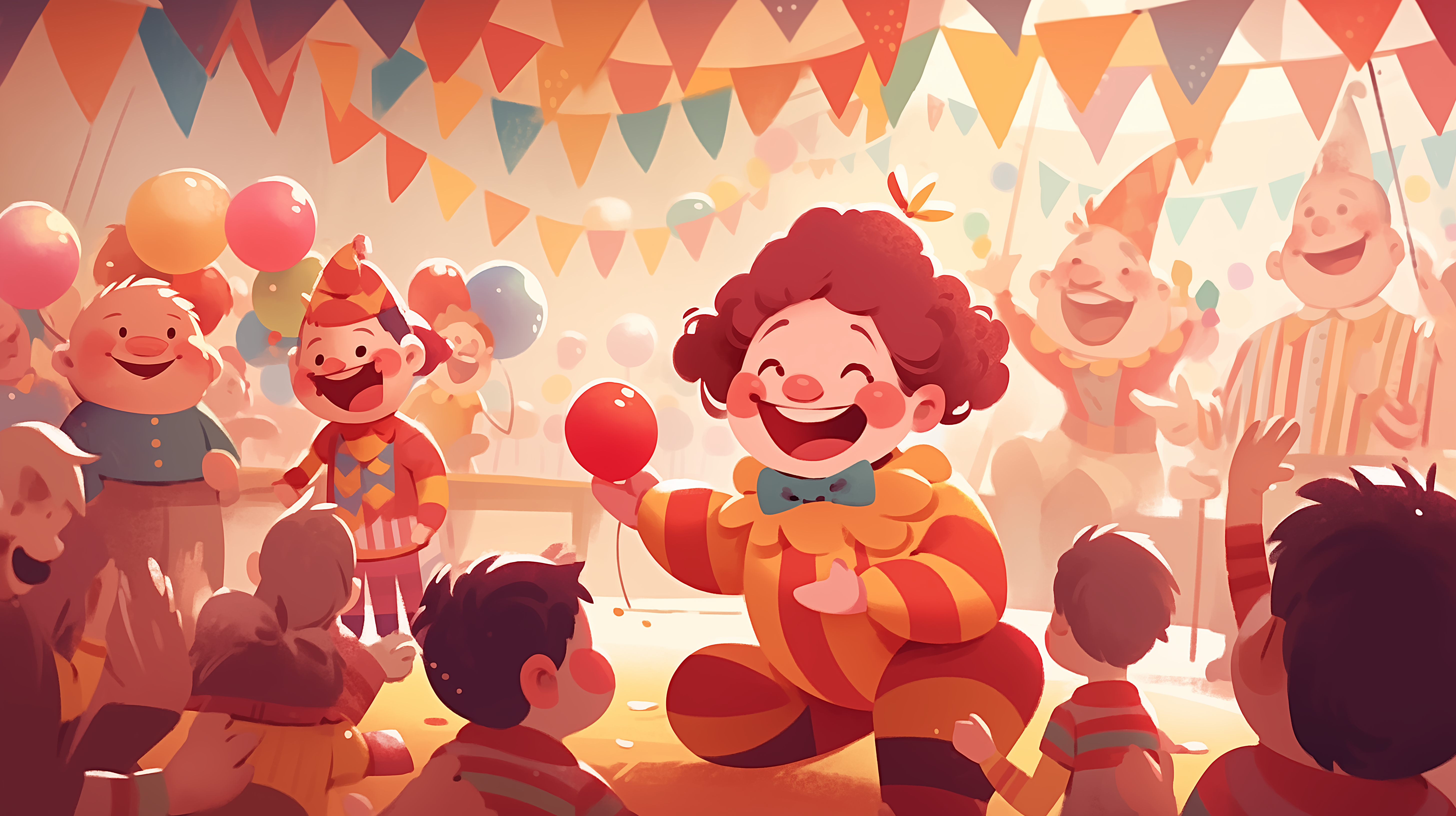 Colorful cartoon clown wallpaper with happy clowns and children at a festive party, perfect for HD desktop backgrounds.