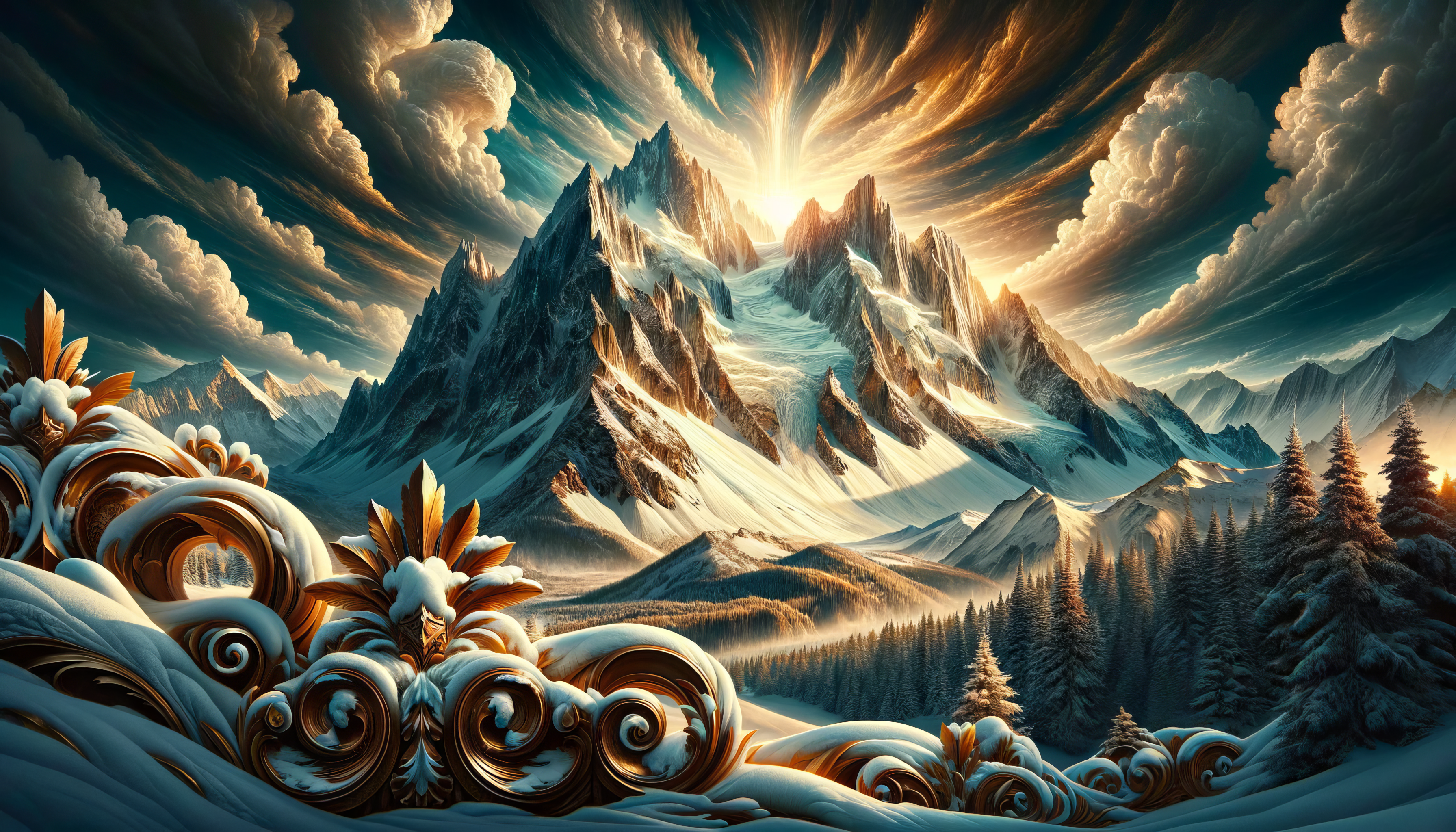 HD wallpaper featuring a majestic snowy mountain with ornate foreground designs and a vibrant sky, perfect for desktop backgrounds.