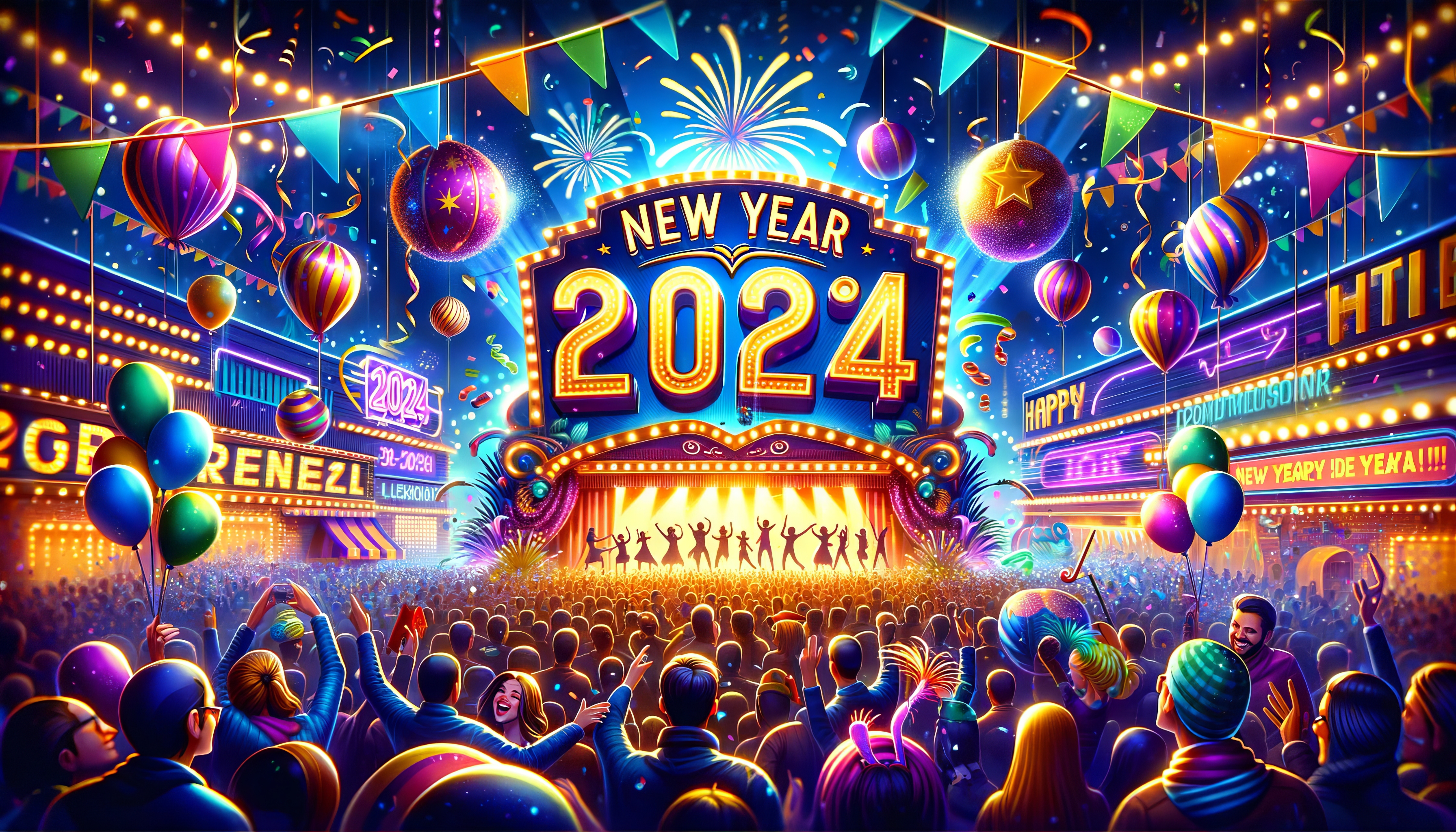 Alt Text: Vibrant New Year 2024 celebration HD wallpaper with colorful fireworks, balloons, and a festive crowd.