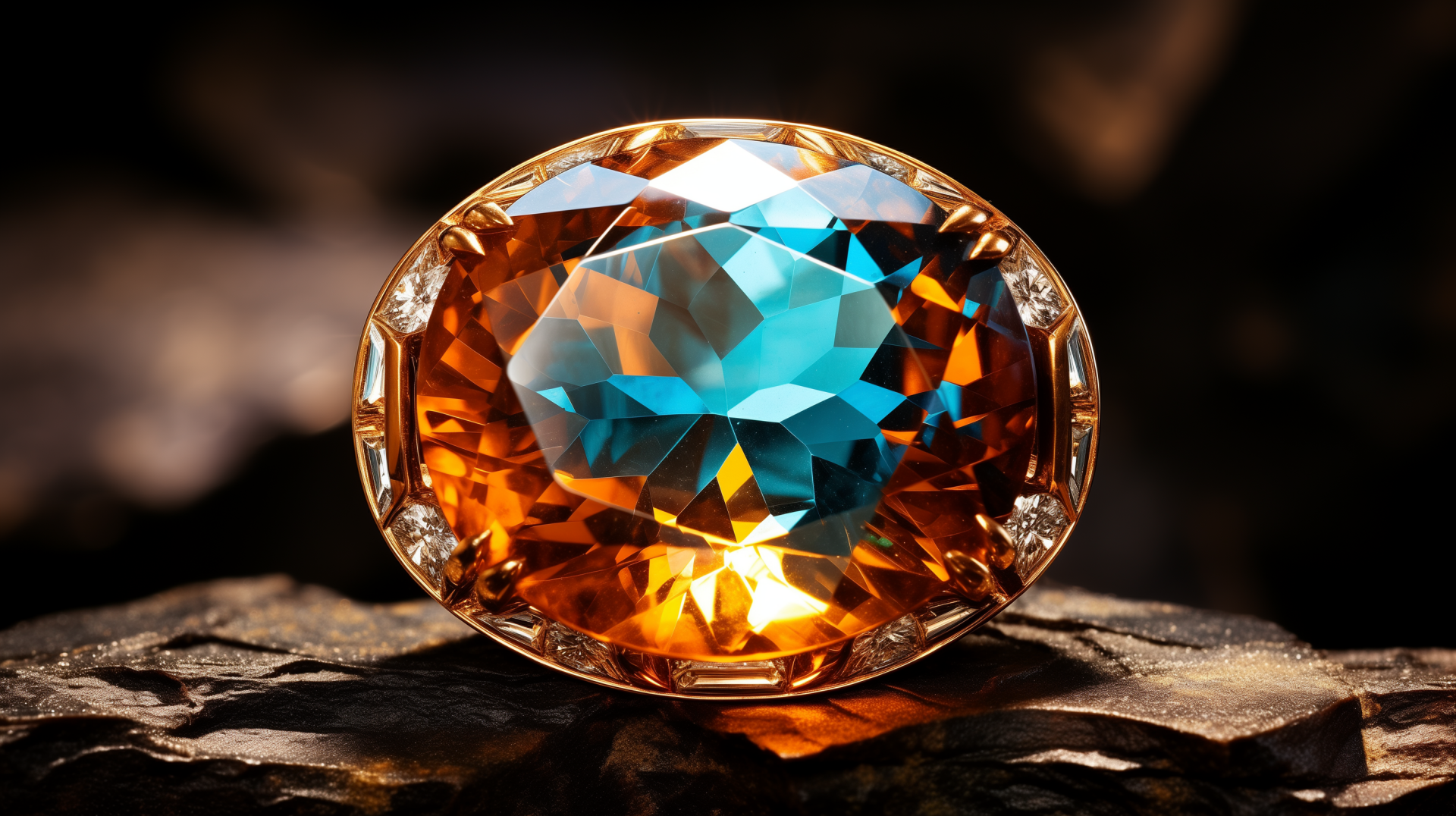 HD wallpaper of a radiant blue topaz gemstone encircled by diamonds, elegantly presented on a textured surface.