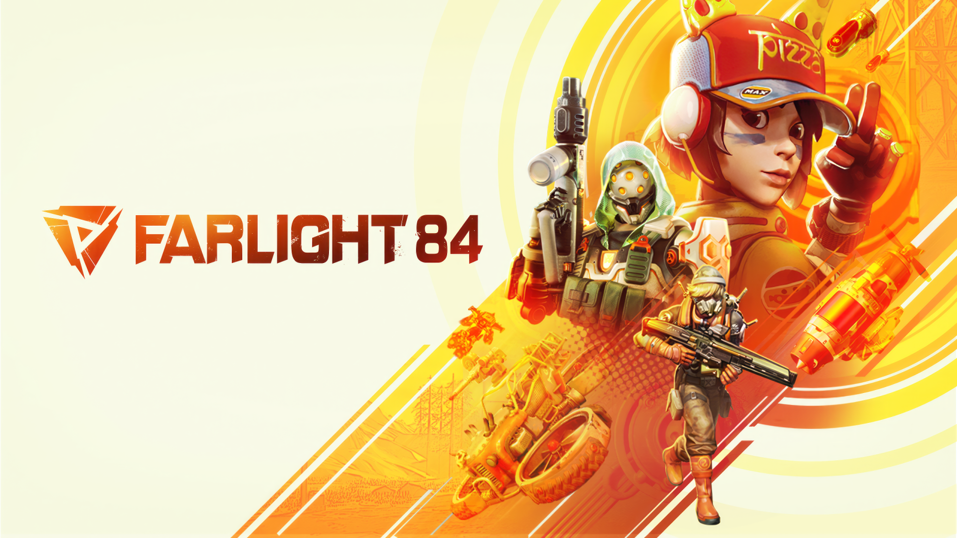 HD desktop wallpaper for Farlight 84, featuring a dynamic character in combat gear with a vivid, orange graphic background.