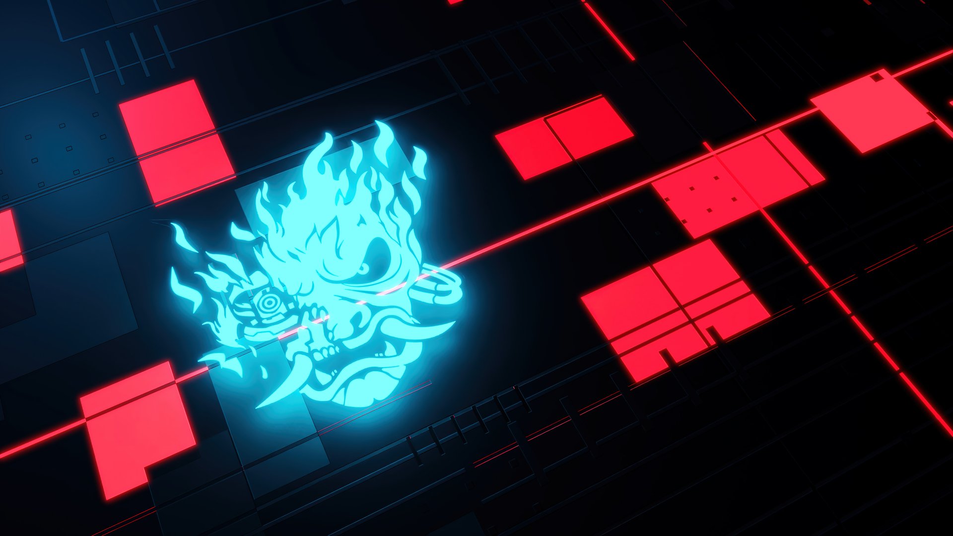 HD Cyberpunk 2077 themed desktop wallpaper featuring a glowing blue oni mask with cybernetic enhancements set against a dark futuristic backdrop with red accents.