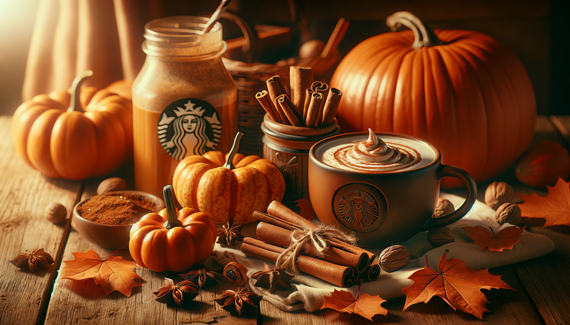Alt Text: Cozy autumn-themed desktop wallpaper featuring a warm pumpkin spice latte in a cup with a recognizable coffee brand logo, surrounded by cinnamon sticks, mini pumpkins, fallen leaves, and a softly lit warm background.
