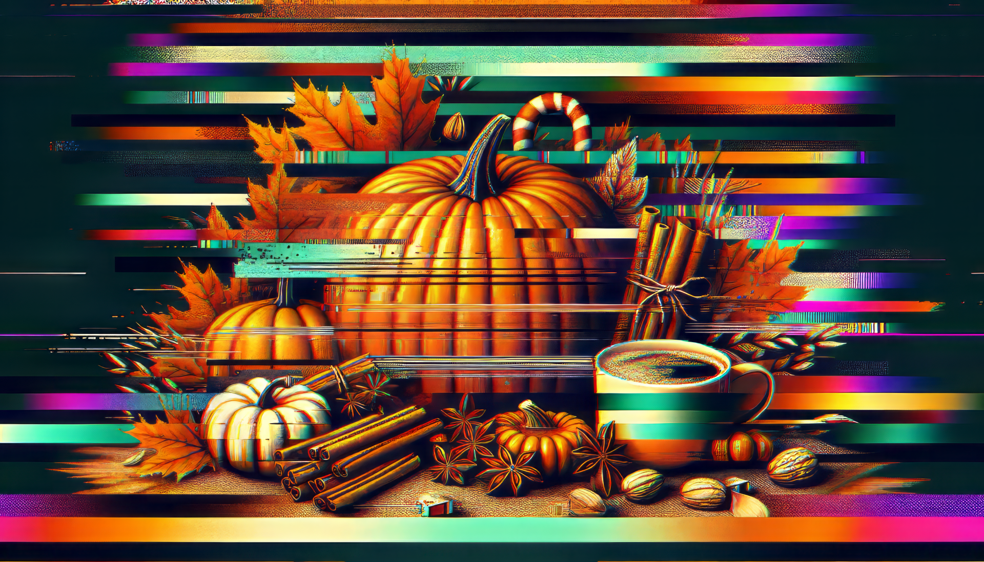 Autumn-themed desktop wallpaper featuring pumpkins, fall leaves, and a cozy cup of coffee with a glitch art effect.