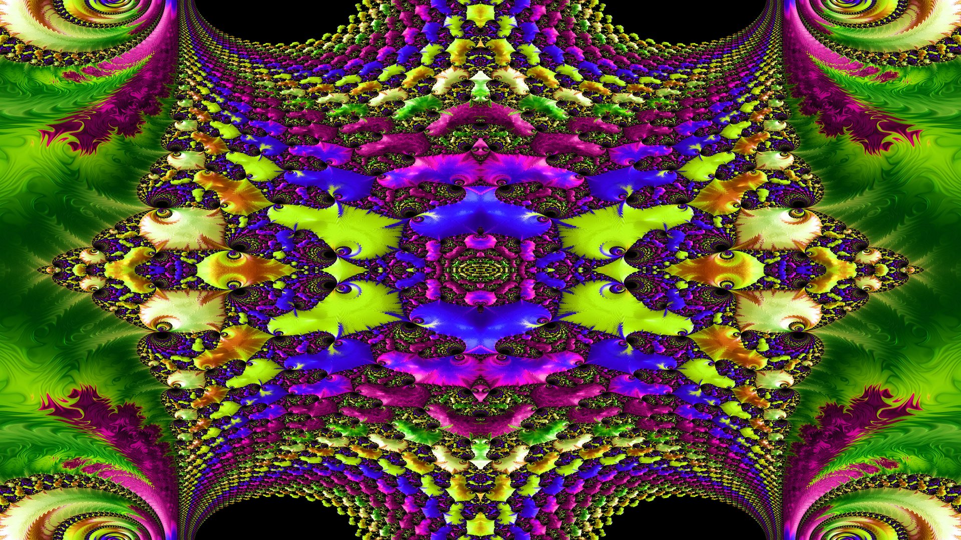 A vibrant, psychedelic fractal pattern with trippy, abstract designs in vivid purples, greens, and yellows, crafted as a 4K Ultra HD PC desktop wallpaper.