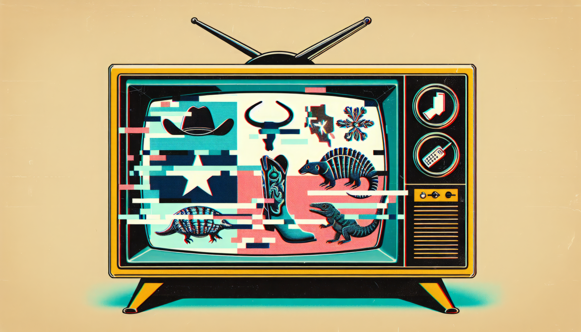 A vibrant retro television displays Texas-themed icons, including a cowboy hat, a bull, and armadillos, set against a colorful backdrop. This HD wallpaper captures Texas culture with style.