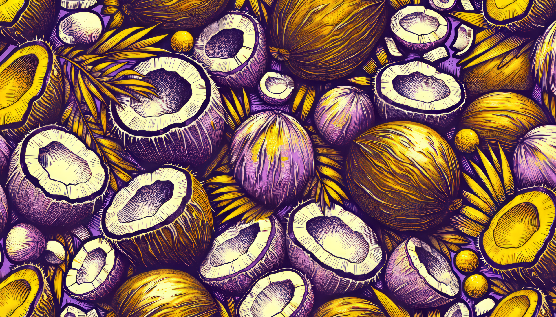 Vibrantly illustrated coconuts and palm leaves pattern for HD desktop wallpaper and background.