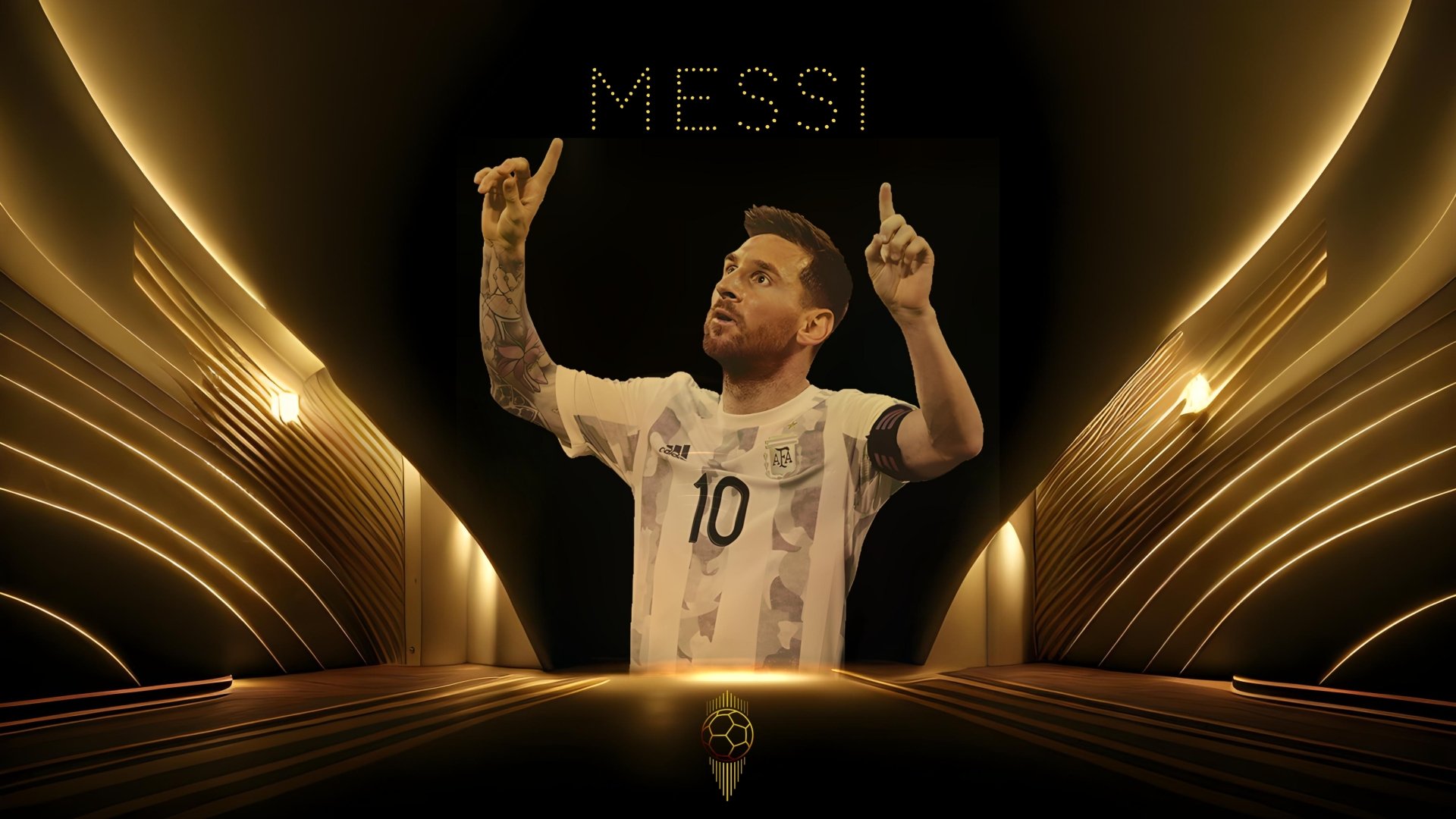 4K Ultra HD PC wallpaper featuring Lionel Messi in the Argentina football jersey, celebrating with both hands raised against a glowing, dynamic gold and black background.