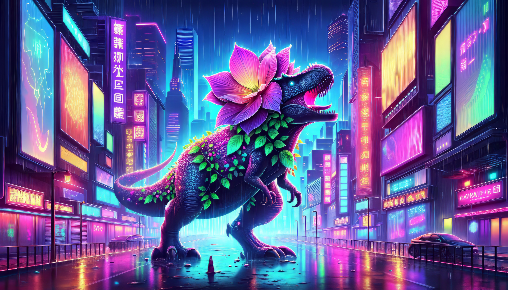 Colorful illustration of a Tyrannosaurus Rex in a neon-lit, rainy cityscape for a vibrant HD desktop wallpaper.