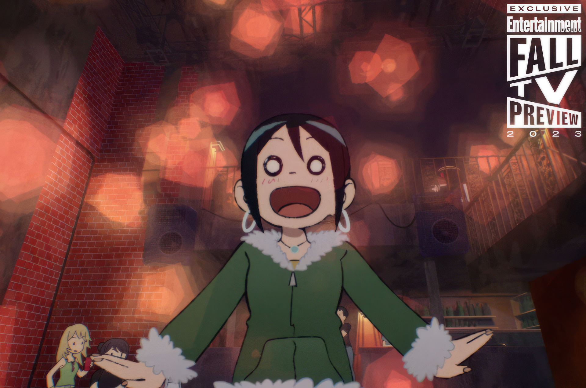 HD wallpaper of a surprised animated character from Scott Pilgrim Takes Off against a stage backdrop with lights and speakers.