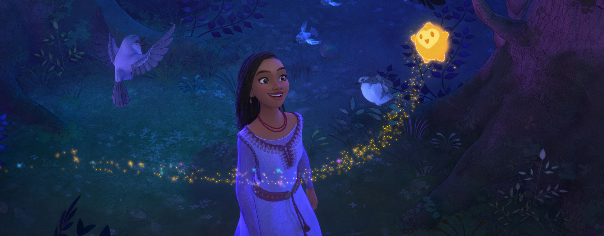 HD desktop wallpaper of Wish (2023), featuring a smiling animated girl in a mystical forest with glowing lights and birds.