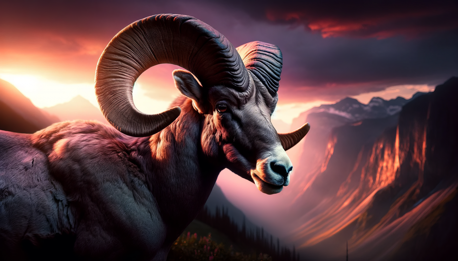A majestic bighorn sheep stands against a dramatic sunset backdrop, showcasing its impressive horns and rugged terrain, creating an immersive HD desktop wallpaper.