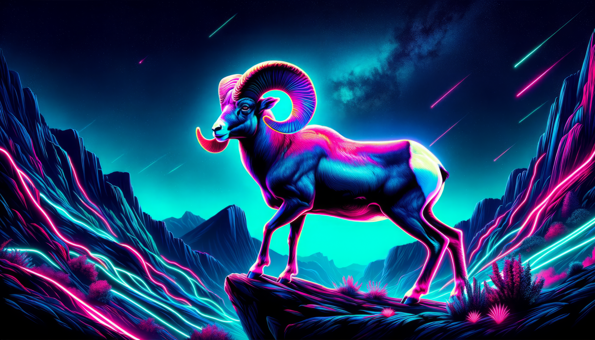 Neon-lit bighorn sheep standing on a cliff with a vibrant, surreal mountain landscape in the background - HD wallpaper.
