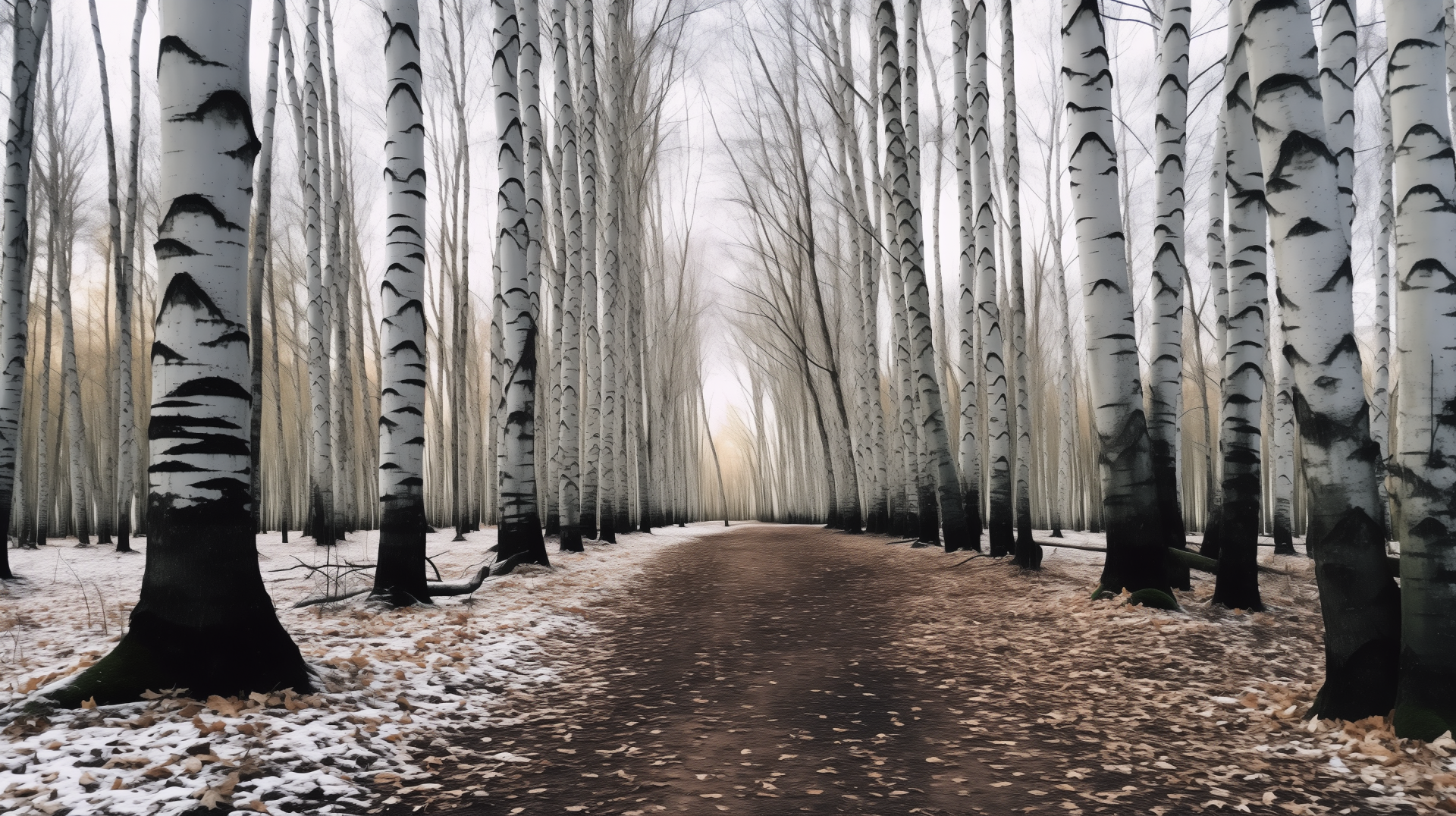 HD desktop wallpaper featuring a serene birch forest path with fallen leaves and a hint of snow.