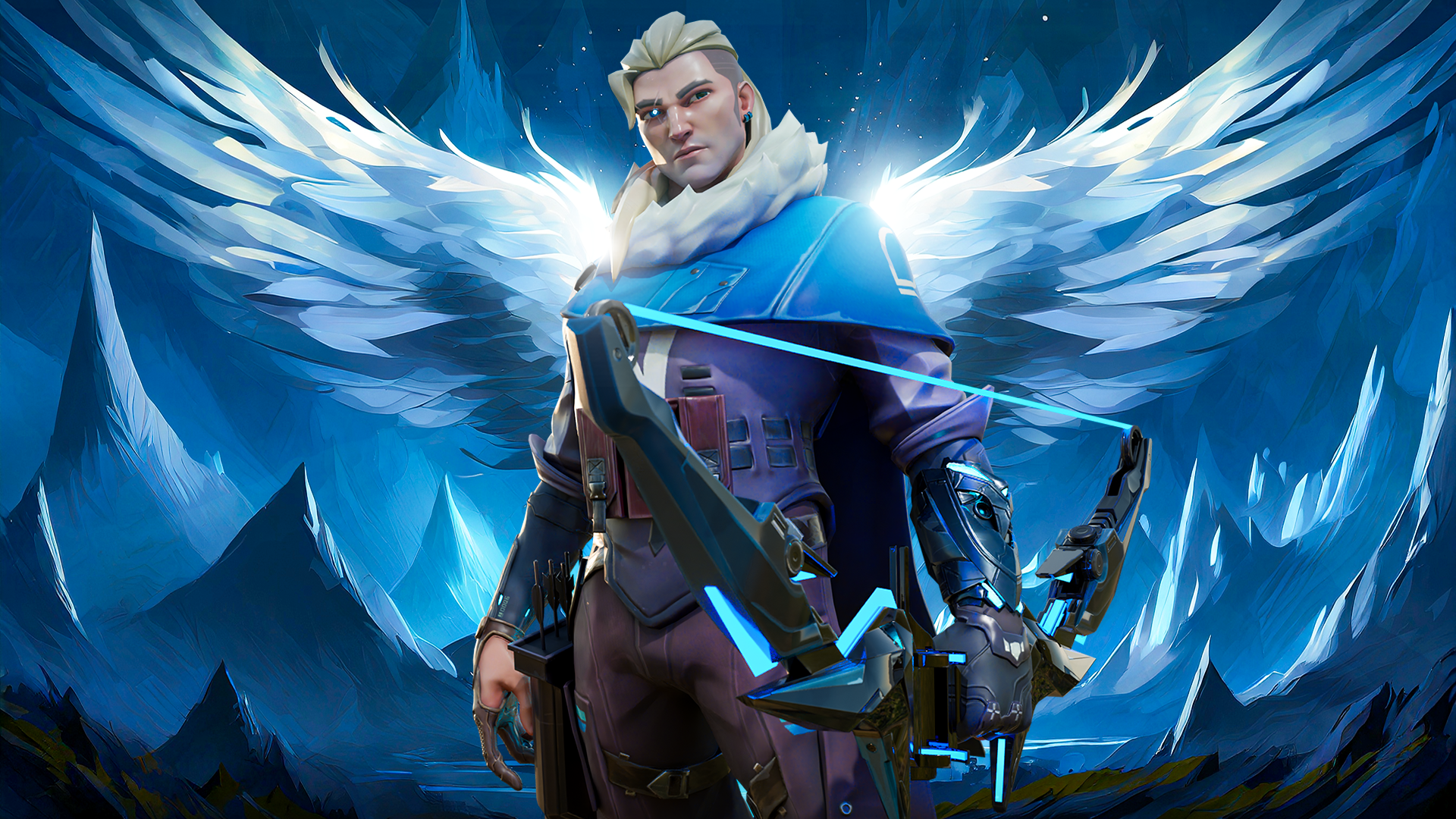 HD PC desktop wallpaper featuring Sova from the video game Valorant, depicted with glowing blue wings and his signature bow in a dynamic pose.