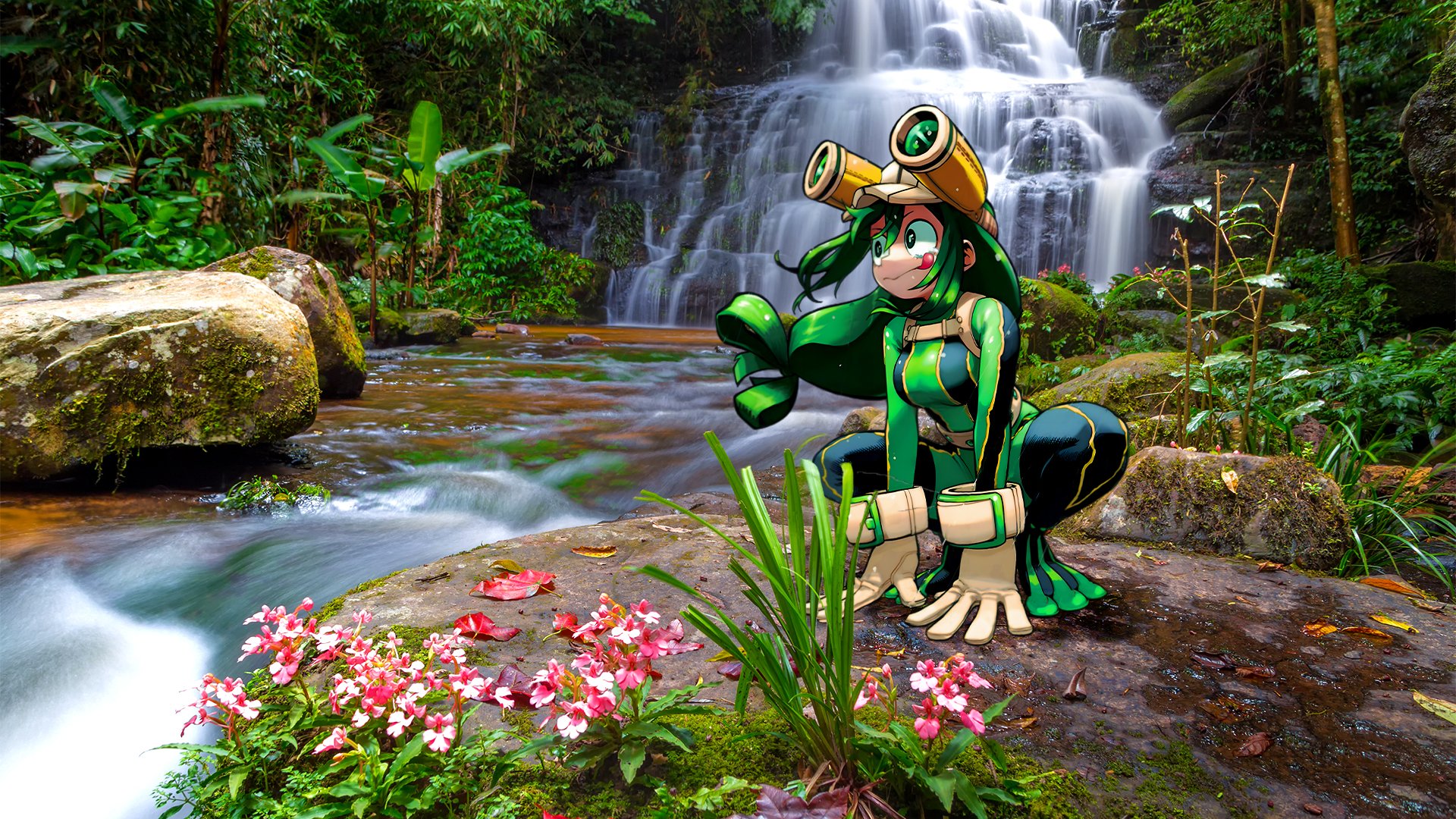 HD PC desktop wallpaper featuring Tsuyu Asui from My Hero Academia posed beside a vibrant forest waterfall surrounded by lush greenery and blooming flowers.
