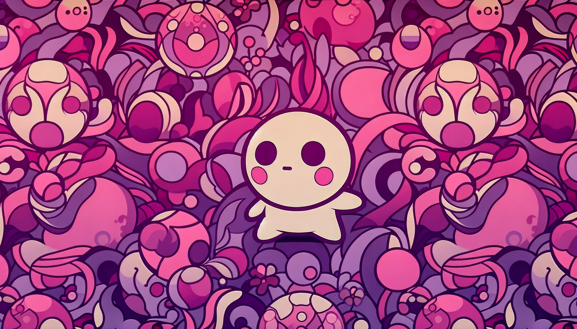 HD desktop wallpaper featuring a cute character surrounded by an intricate pink and purple floral design for a whimsical background.