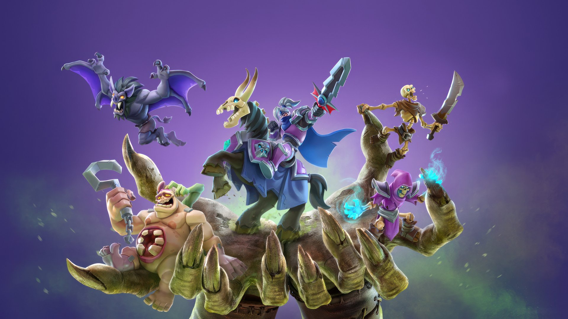 HD desktop wallpaper featuring dynamic Warcraft Rumble characters in action on a mystical purple background.