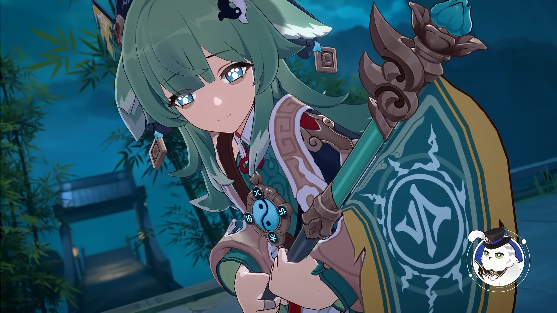 HD wallpaper of Huohuo from Honkai: Star Rail, featuring the character in a dynamic pose with her spear and shield against a night-time backdrop.