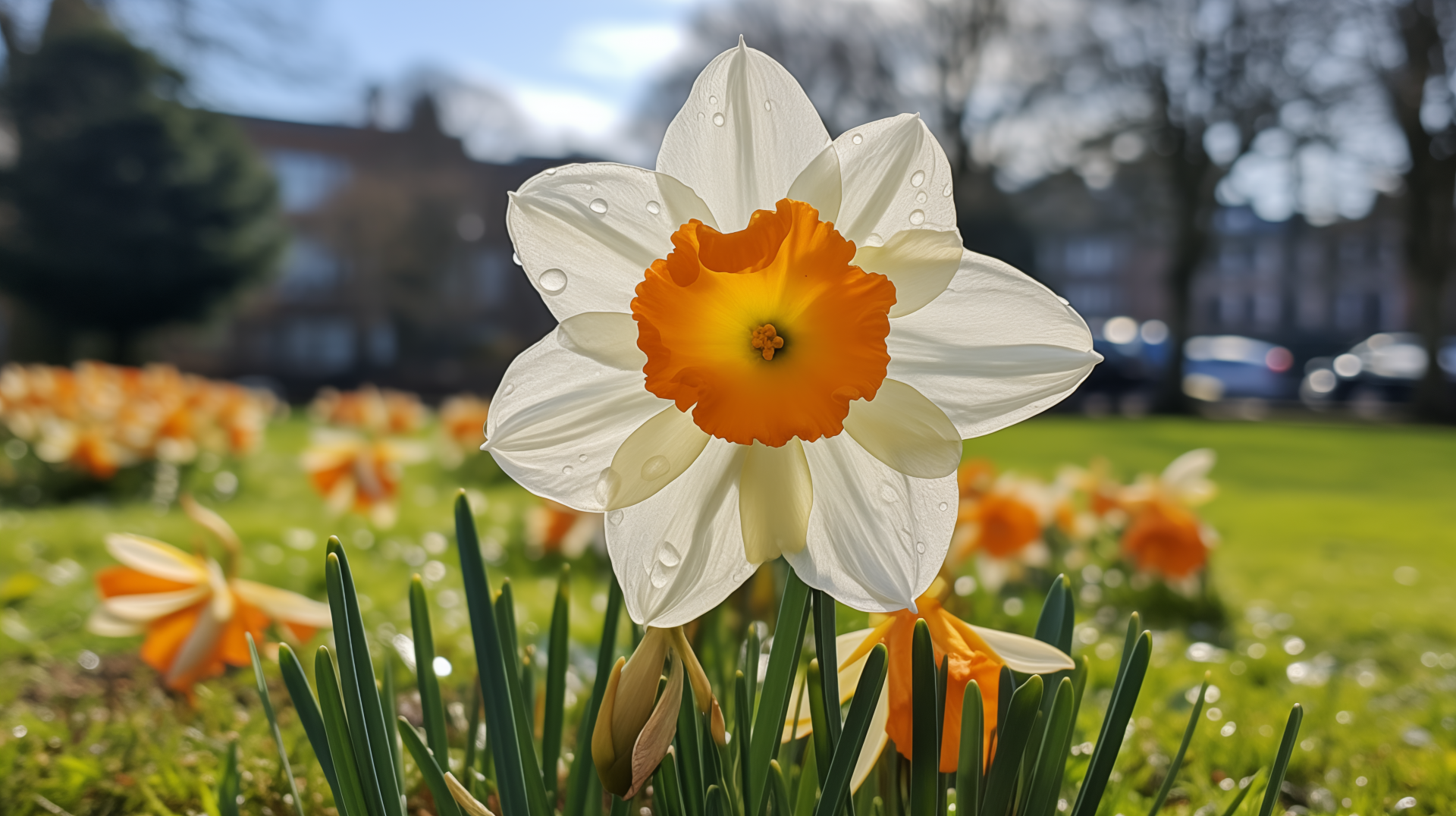 Close-up HD wallpaper of a vibrant daffodil with a dew-kissed orange center, set against a soft-focus background of a daffodil field.