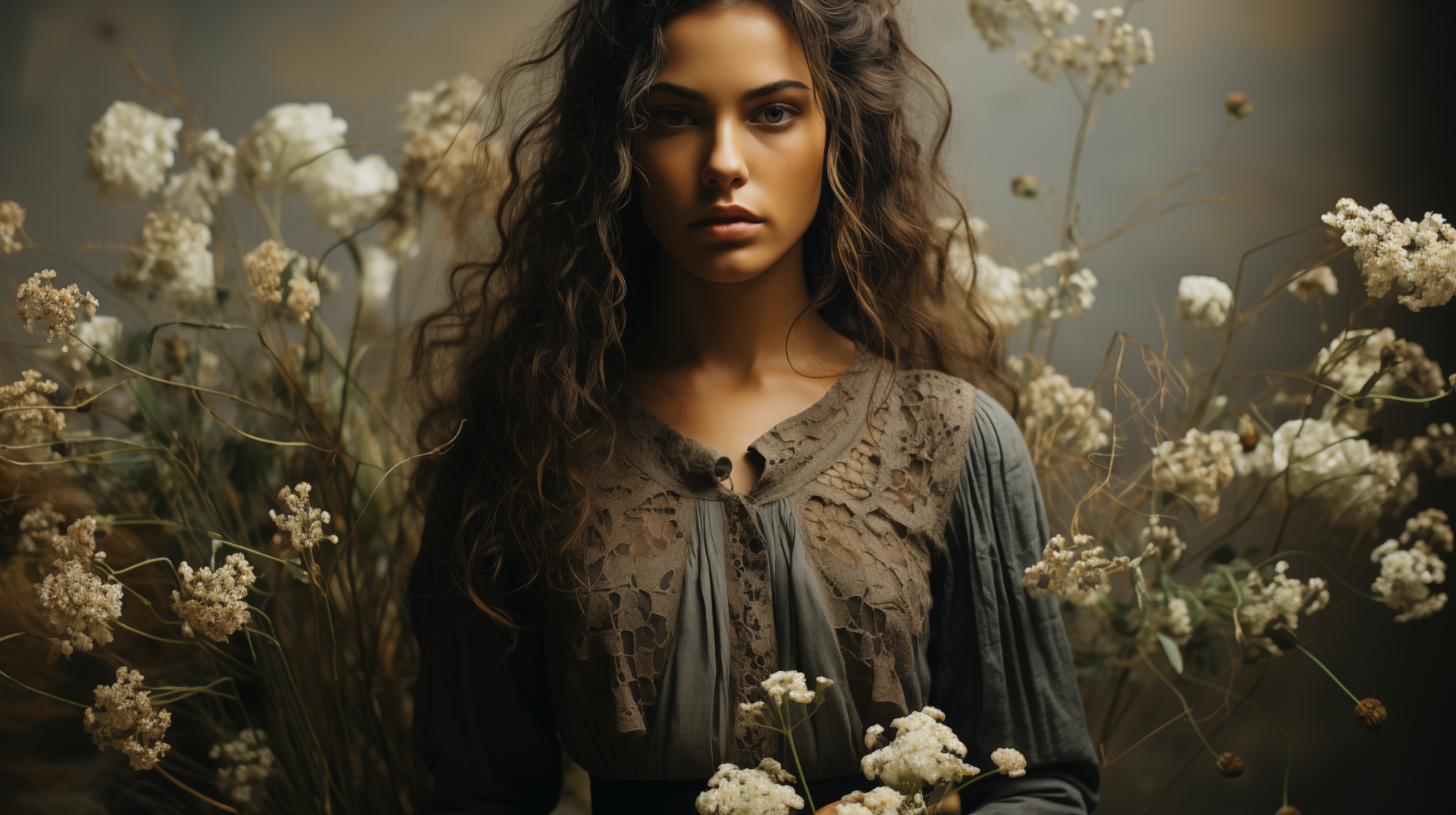 Model in elegant black dress amidst white flowers, HD desktop wallpaper and background.