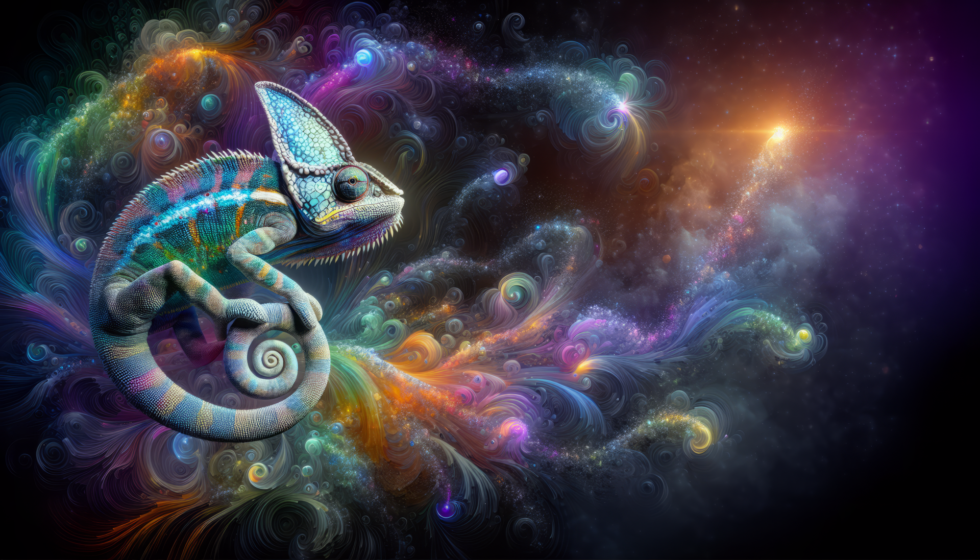 Artistic chameleon on a vibrant cosmic background HD wallpaper for desktop