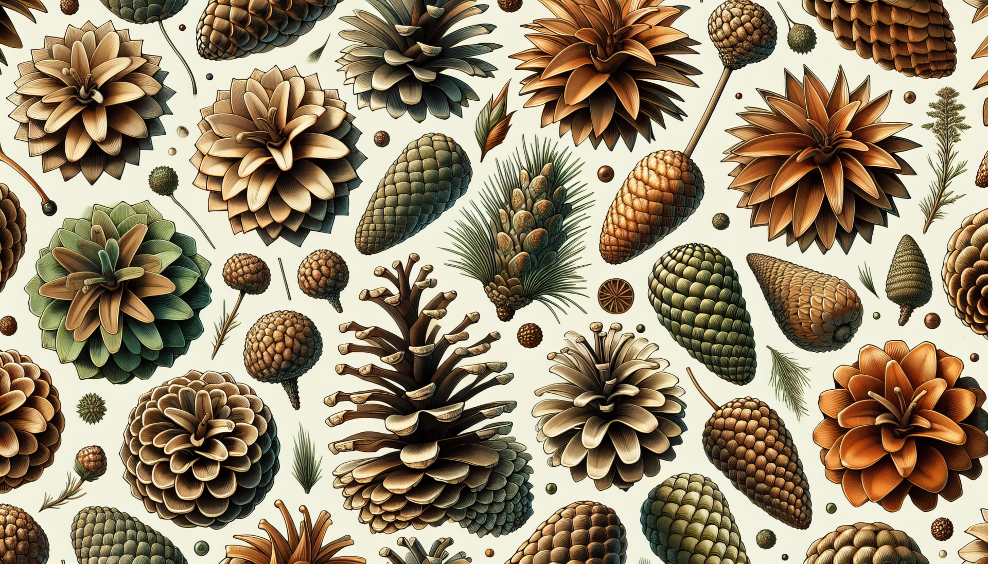 HD wallpaper featuring a variety of illustrated pine cones on a patterned background.