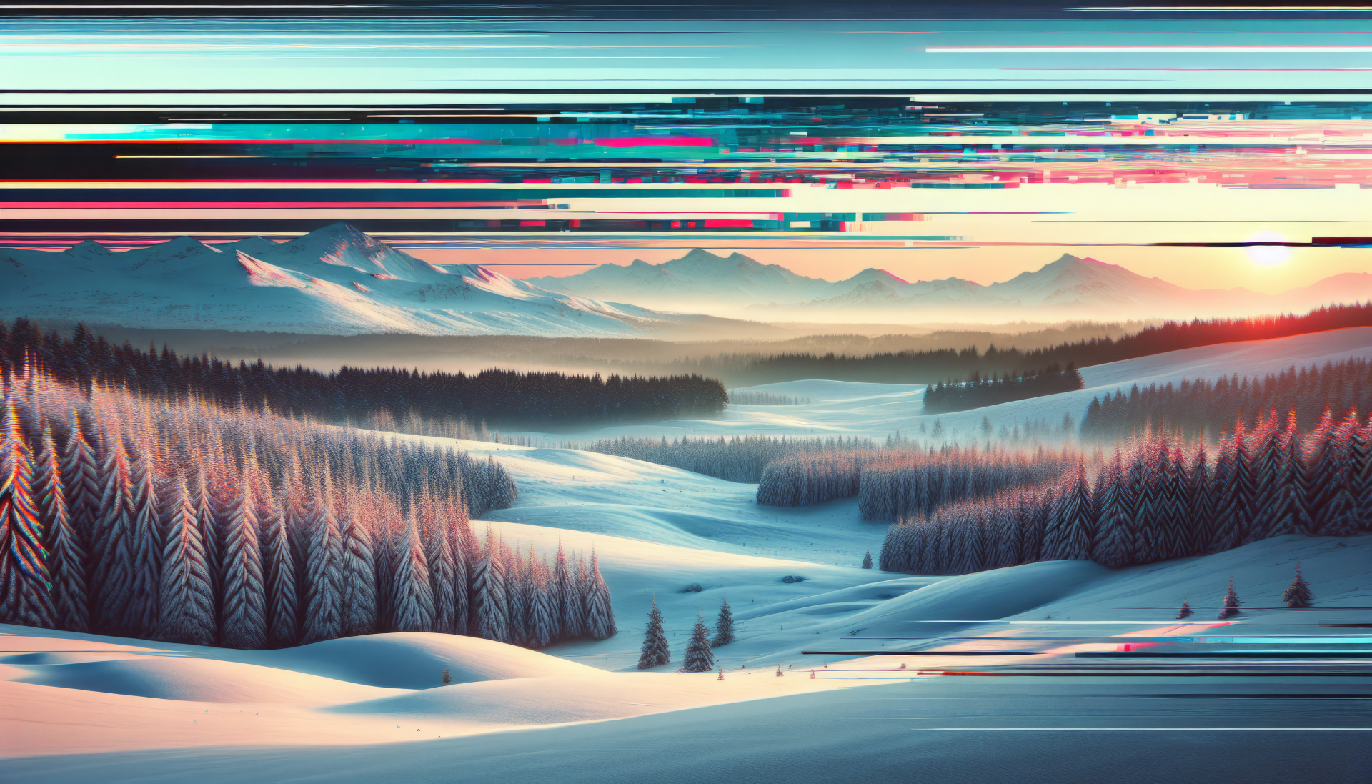 Stunning HD winter landscape desktop wallpaper featuring snow-covered trees at sunset with mountain backdrop and digital glitch effect for a unique background.