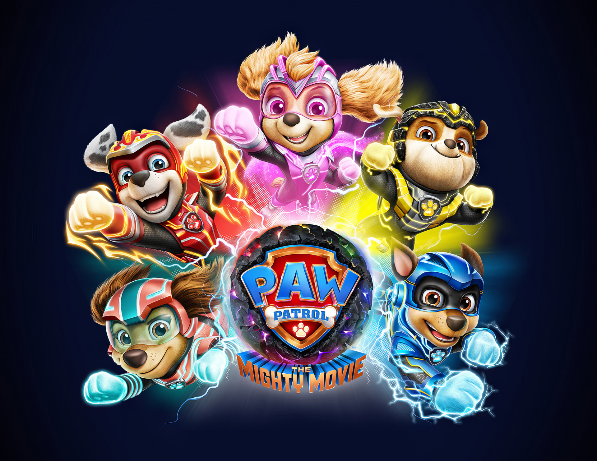 HD wallpaper featuring characters from PAW Patrol: The Mighty Movie with vibrant background for desktop use.