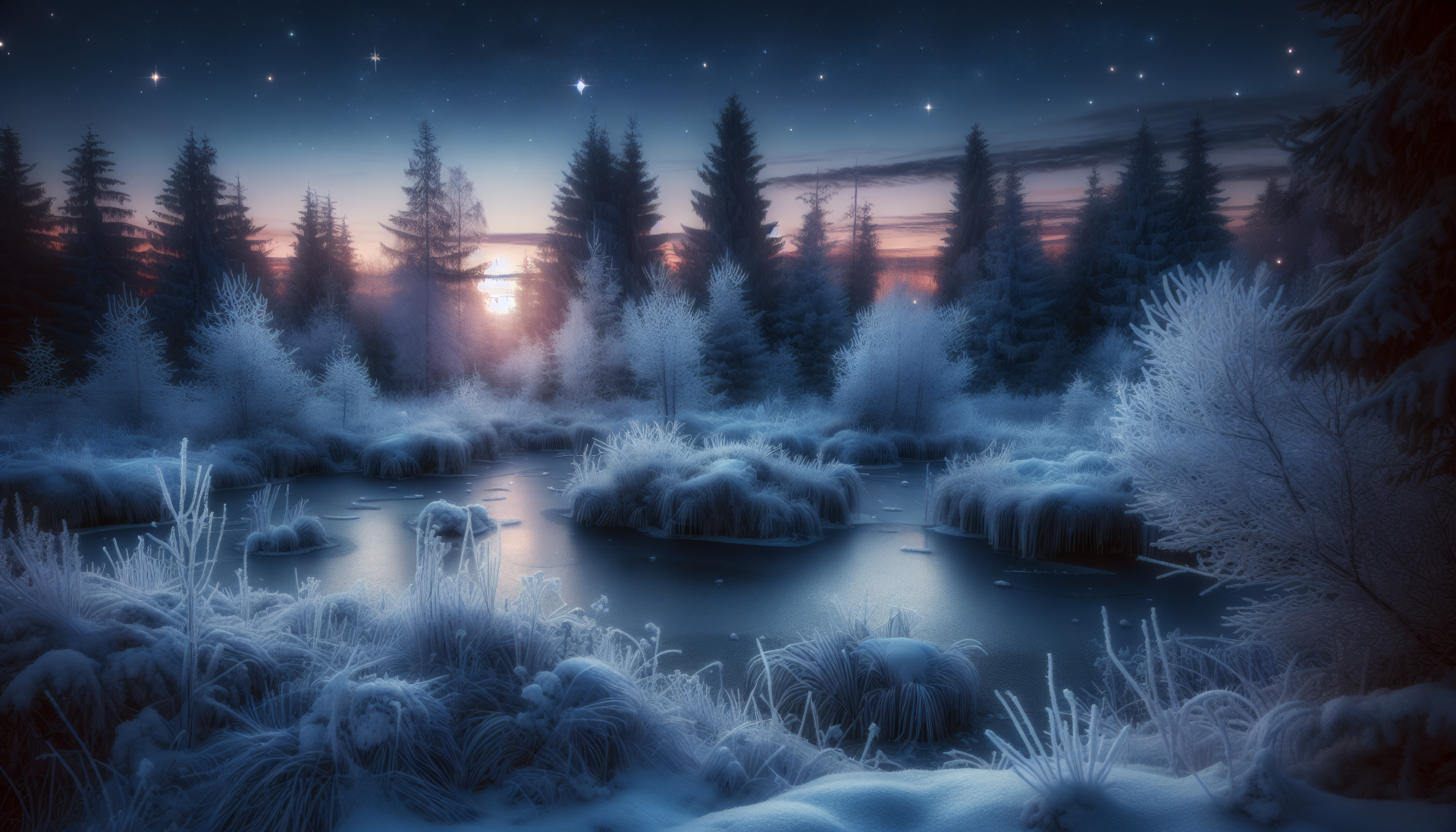 HD winter landscape desktop wallpaper featuring a serene snowy scene with frost-covered trees and a tranquil river at dusk.