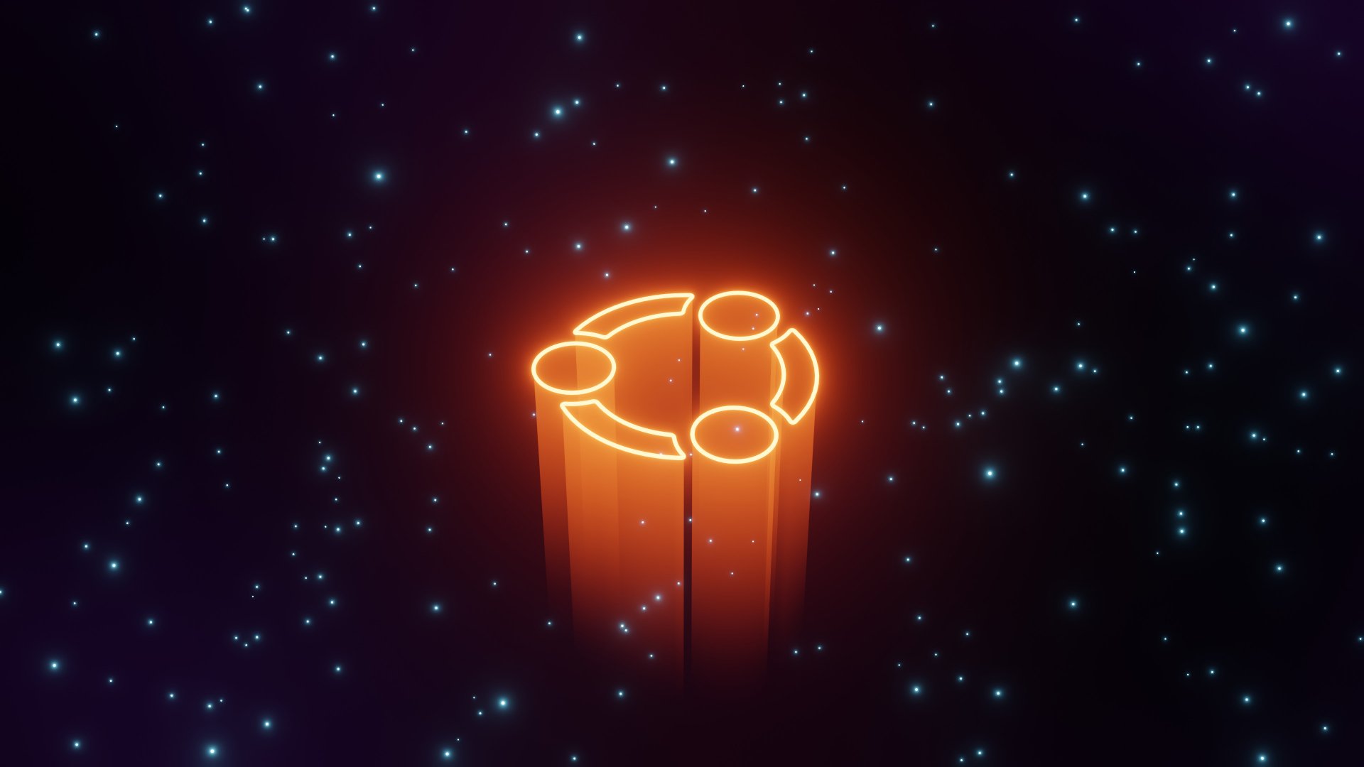 HD Ubuntu logo wallpaper with a glowing orange emblem on a starry dark background.