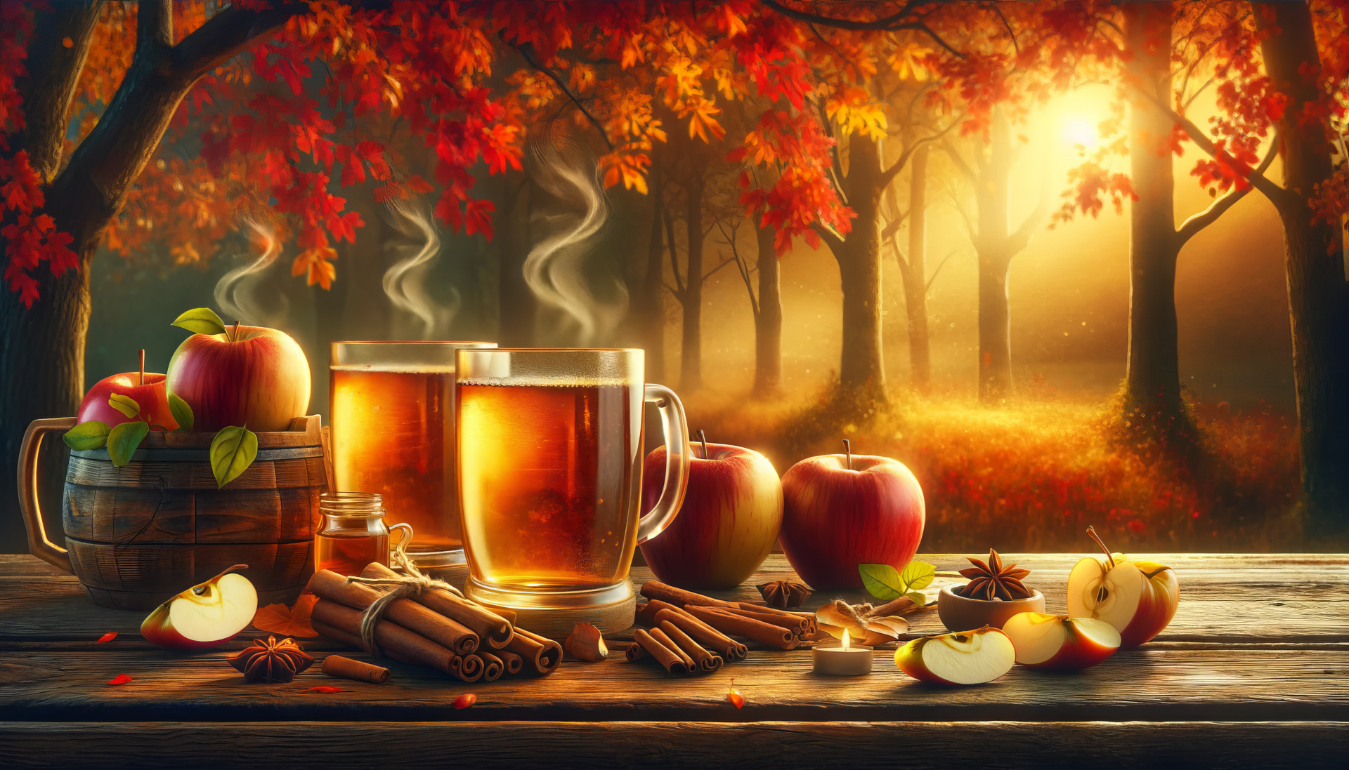 Cozy scene featuring steaming mugs of apple cider, fresh apples, and cinnamon sticks, set against a backdrop of autumn trees and warm sunlight. Perfect HD wallpaper for fall lovers.