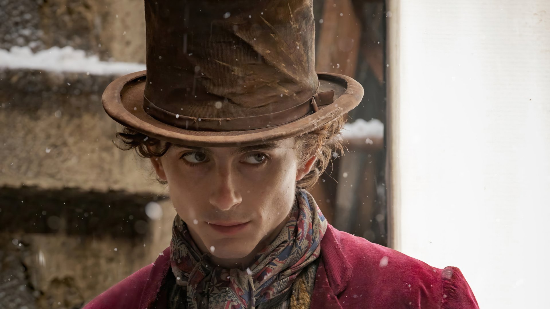 Timothée Chalamet as Willy Wonka in a snowy scene, showcasing a striking expression and intricate costume details. High-definition desktop wallpaper and background inspired by the movie Wonka.