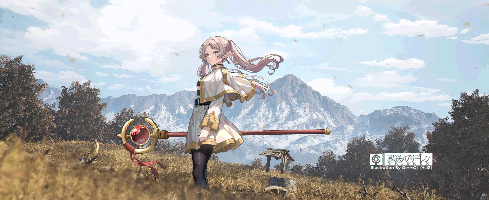 Anime-style illustration of Frieren from Frieren: Beyond Journey's End, standing in a mountainous field with her staff, rendered in detailed 4K Ultra HD for PC desktop wallpaper.