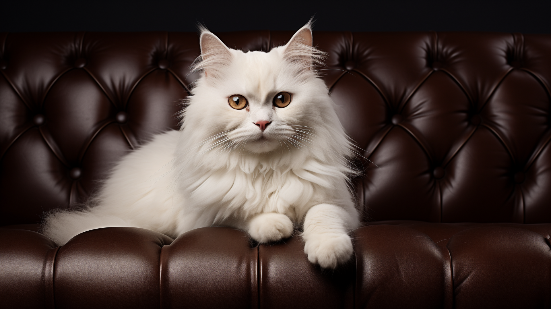A fluffy, white cat lounges on a leather couch, posing for an elegant HD desktop wallpaper.