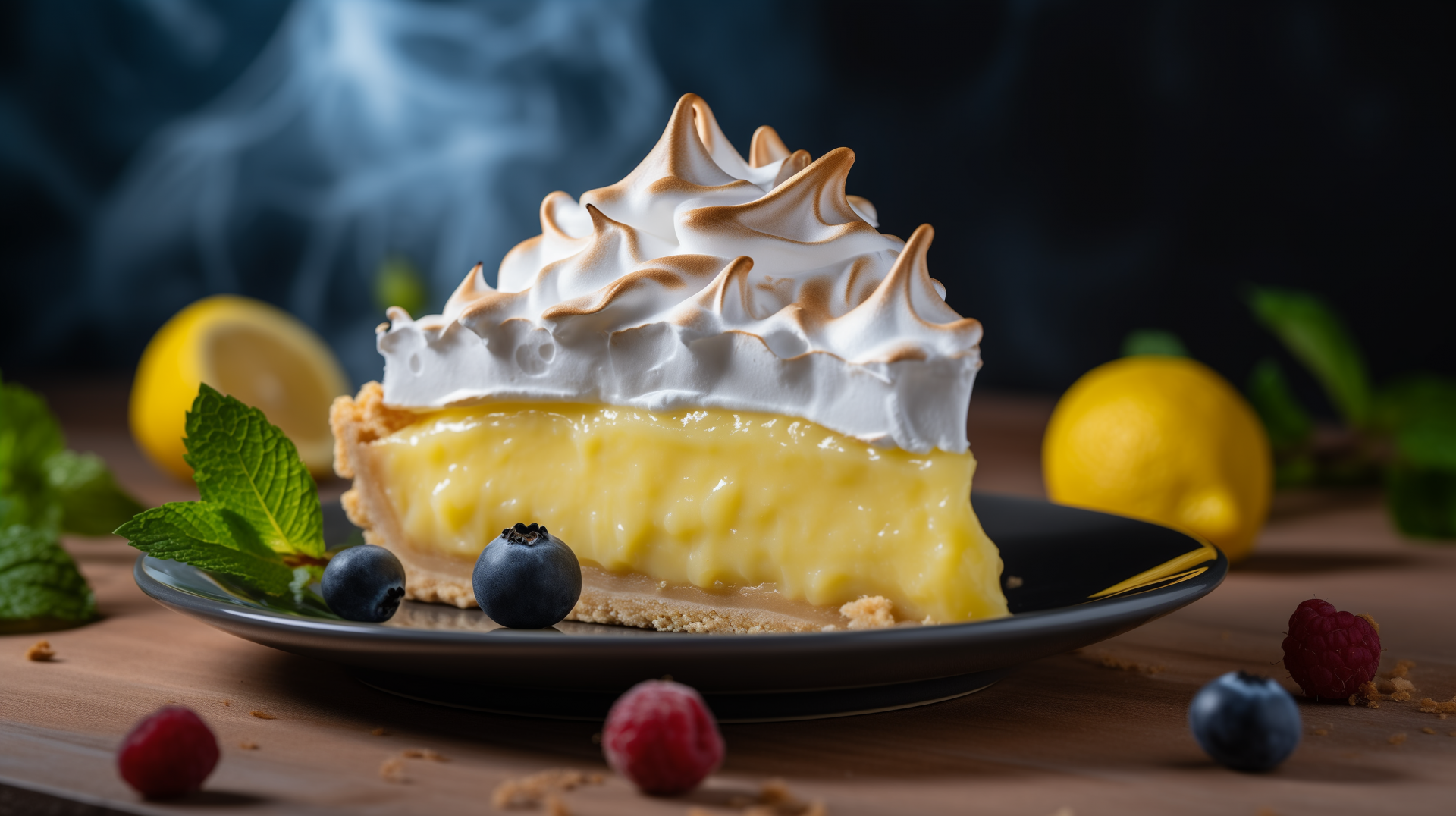 HD desktop wallpaper featuring a delicious slice of lemon pie with toasted meringue topping, garnished with fresh berries and mint on a wooden table.