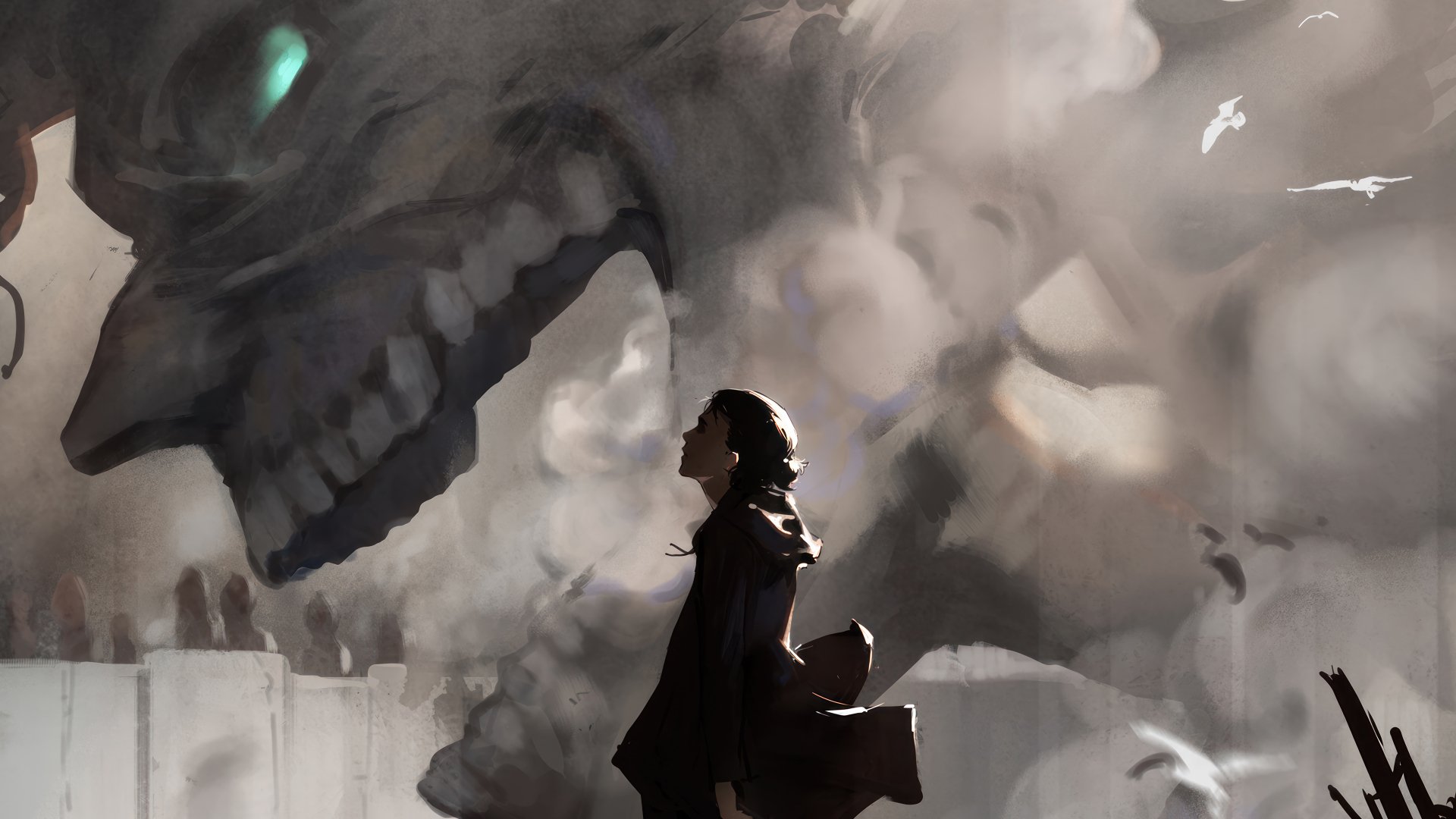 HD desktop wallpaper featuring Eren Yeager from Attack on Titan, confronting a colossal titan amidst destruction.